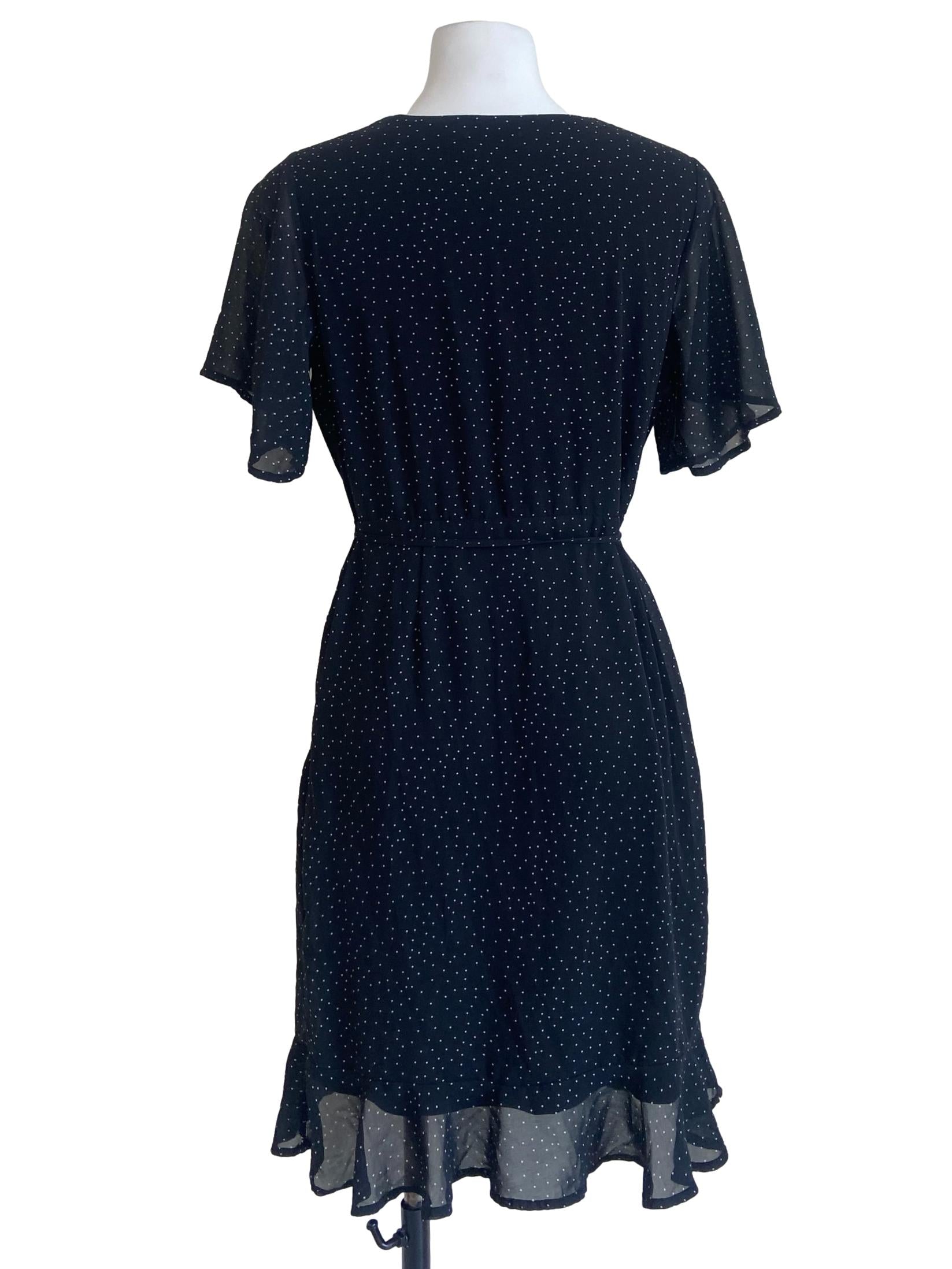 Black Polka Dot V Neck Wrap Dress