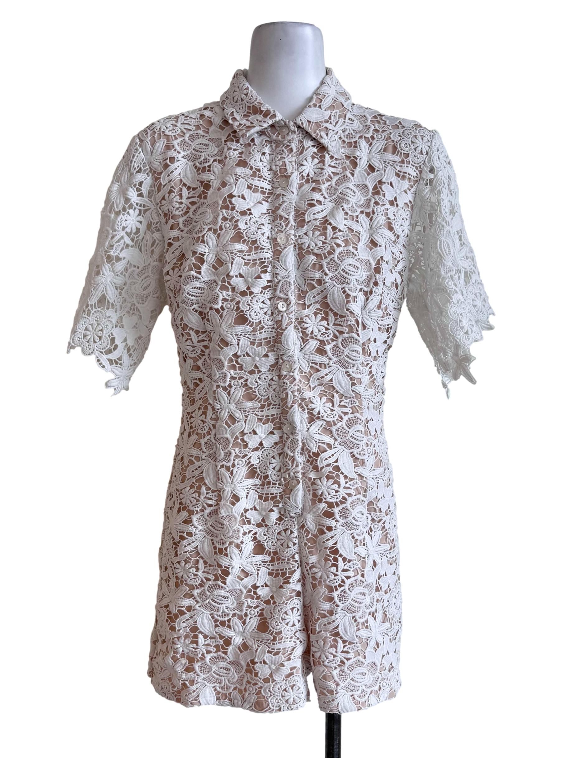 White Lace Short-Sleeve Shirt Romper