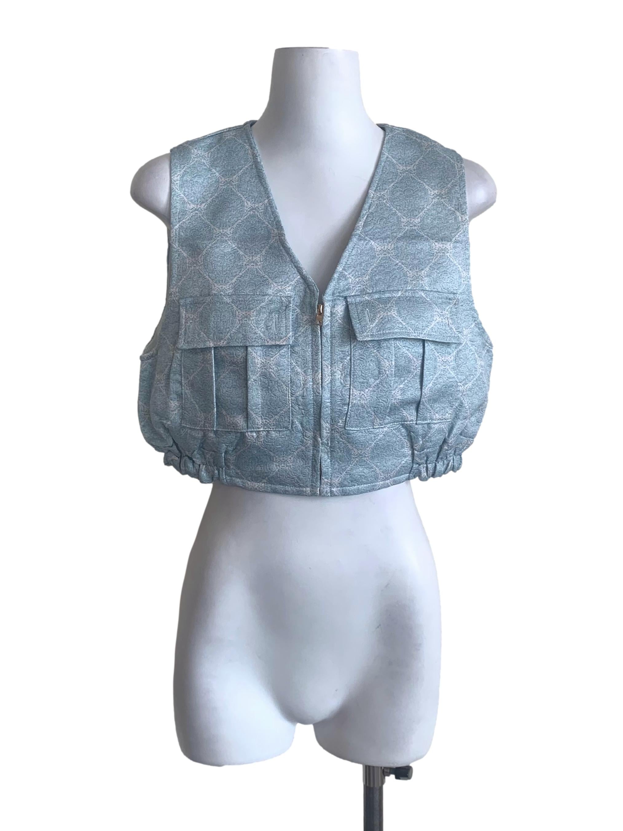 Sky Blue Pattern Deep V Neck Top