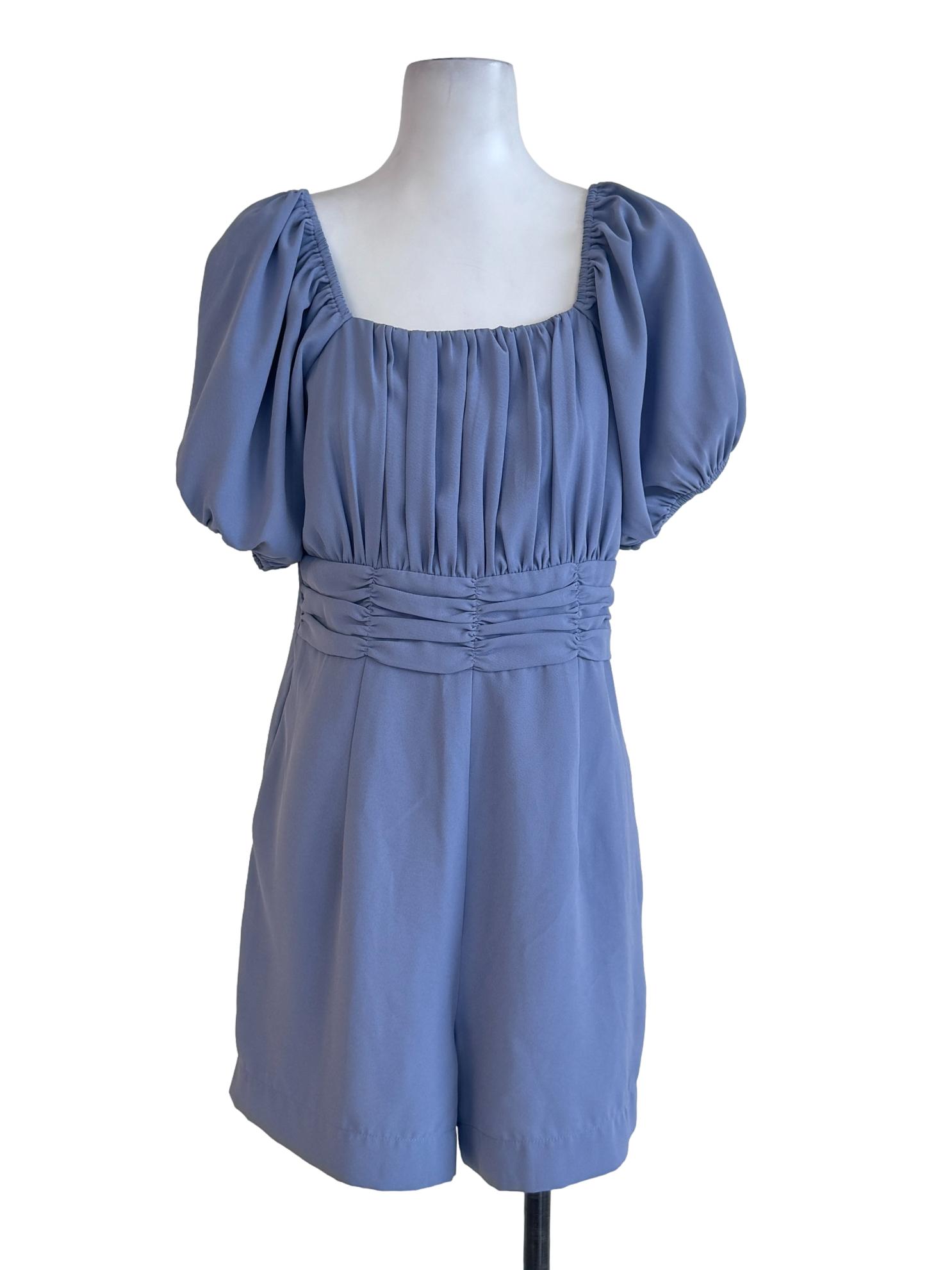 Stone Blue Puffed Sleeves Rompers