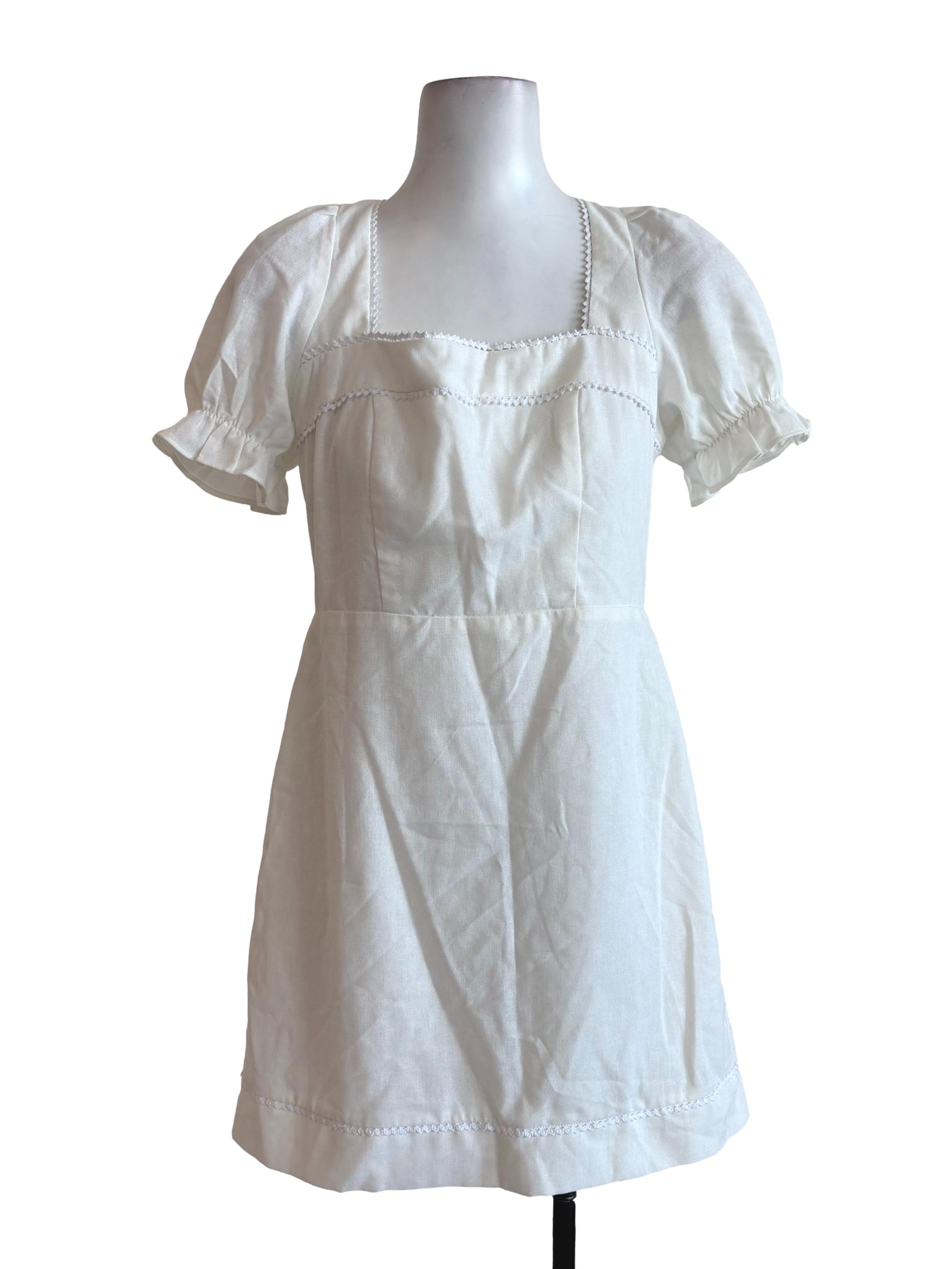 White Square Neckline Puffed Sleeve Mini Dress