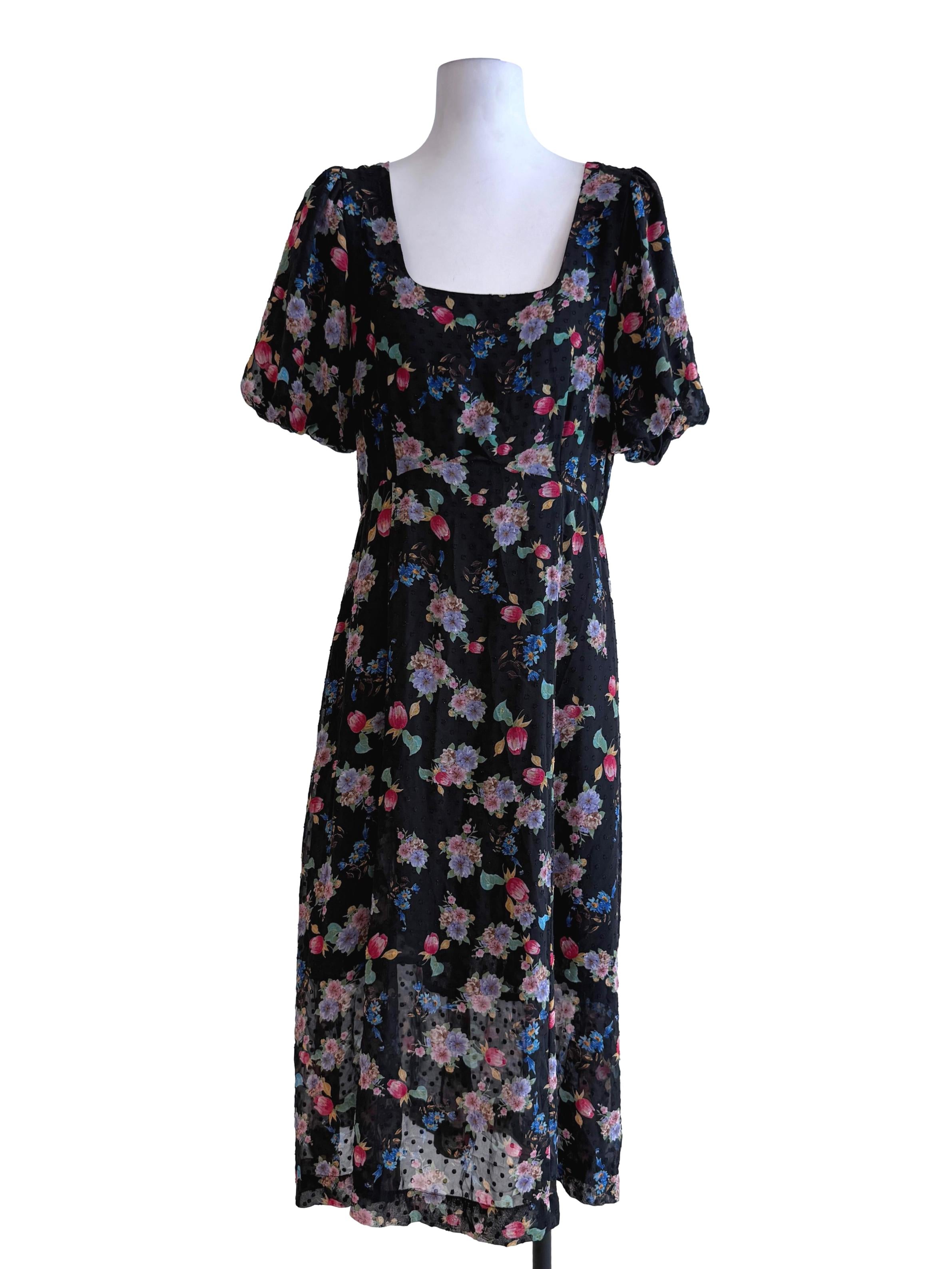 Floral Black Square Neck Dress