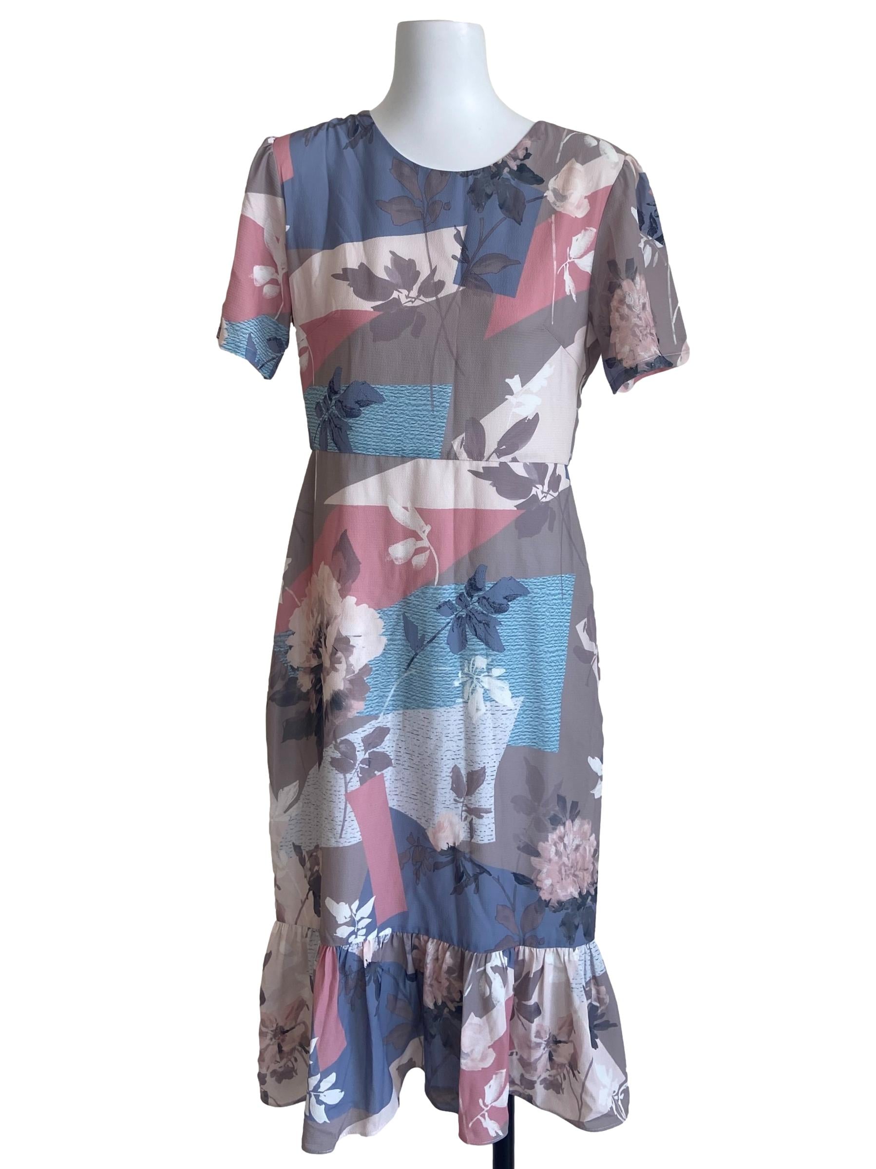 Brown Pink Floral Print Drop Waist Dress