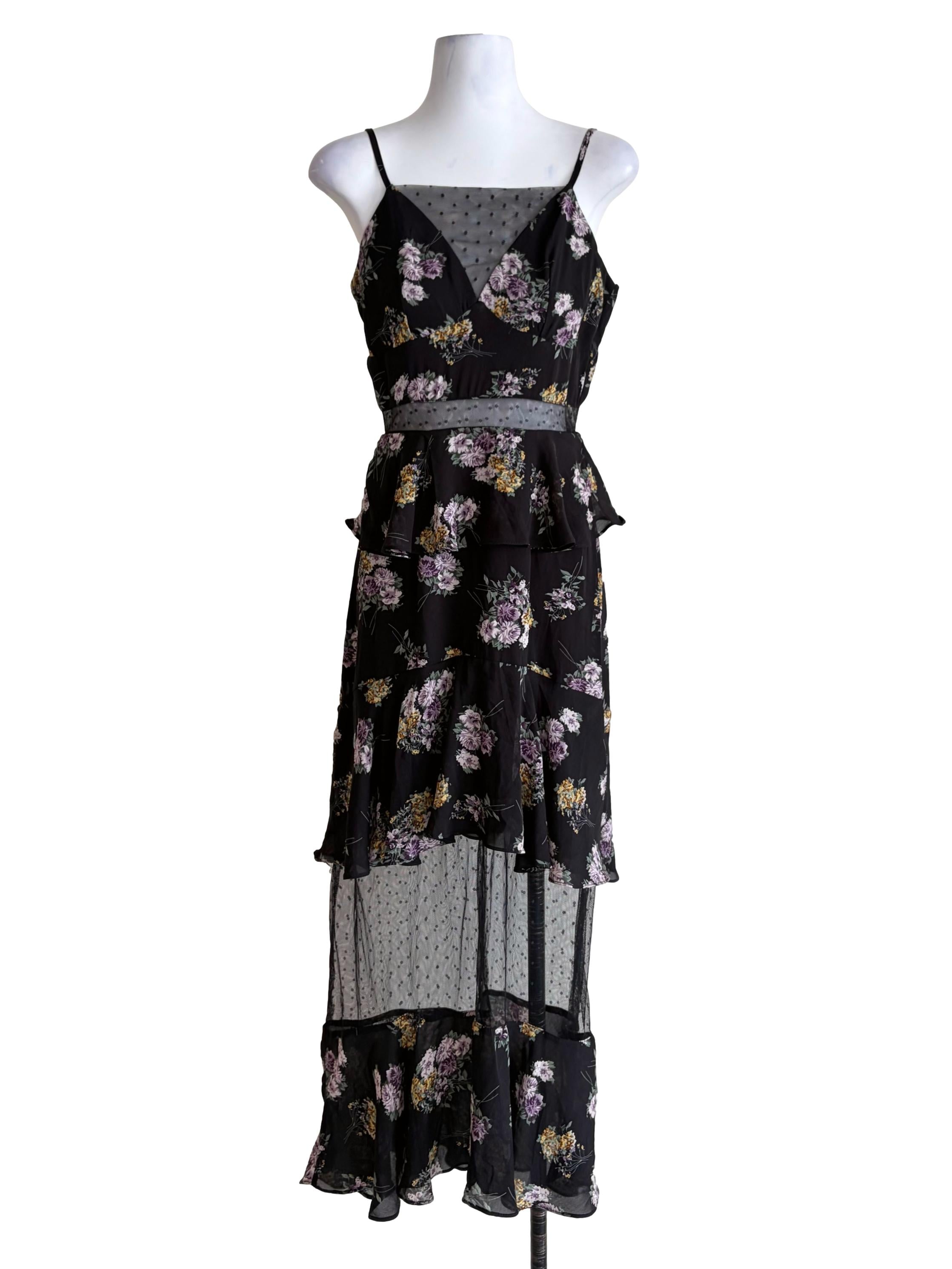 Midnight Black Floral Pattern Lace Slip Dress