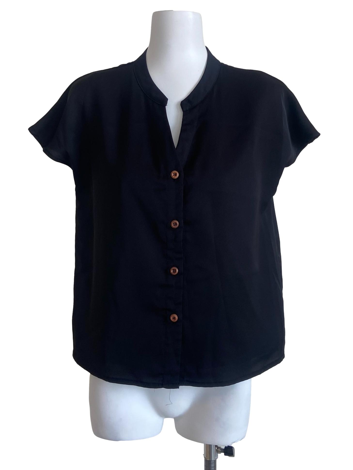 Black Cap Sleeve Button Down Blouse