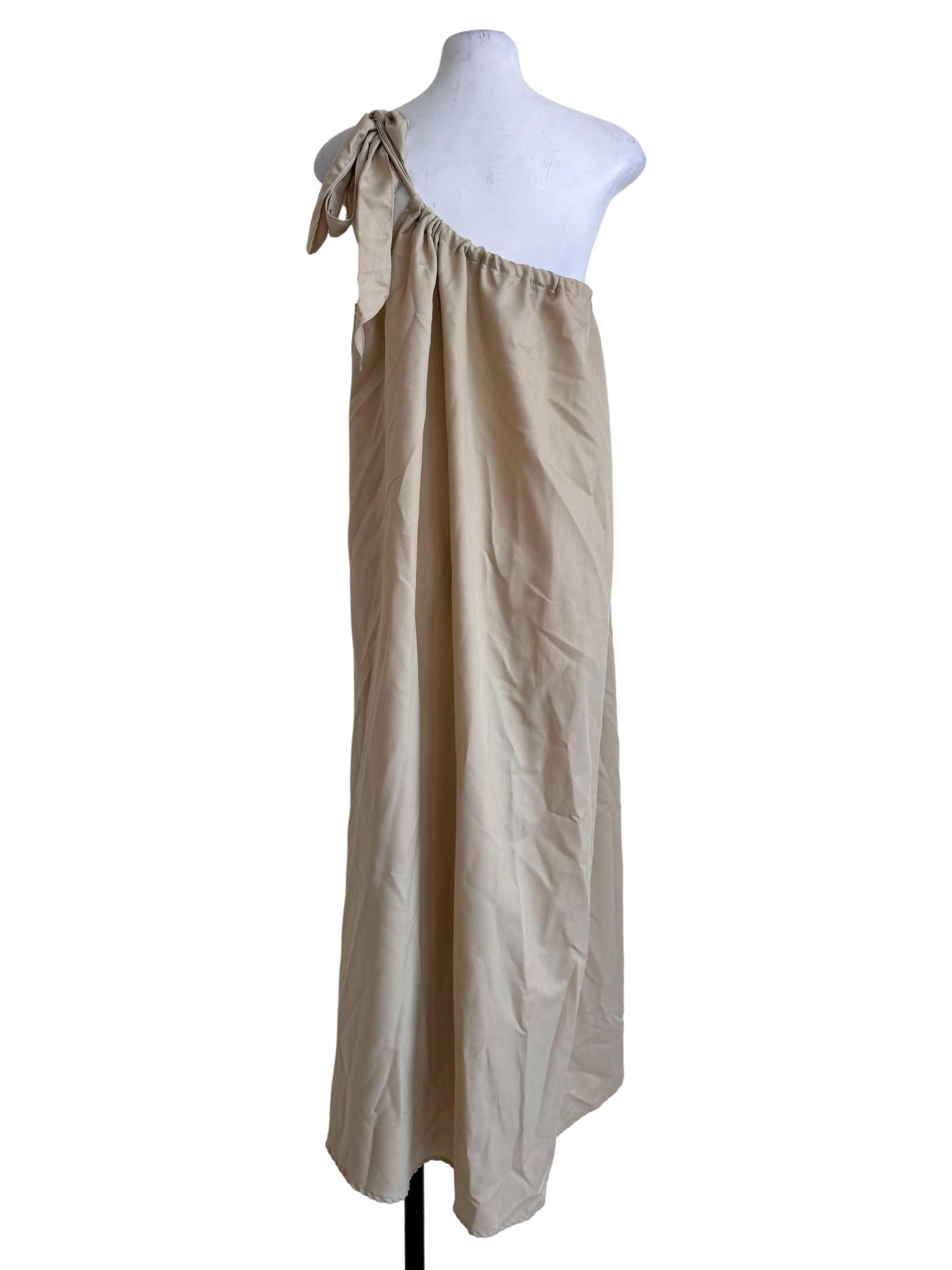 Cream Beige One-Shoulder Draped Dress