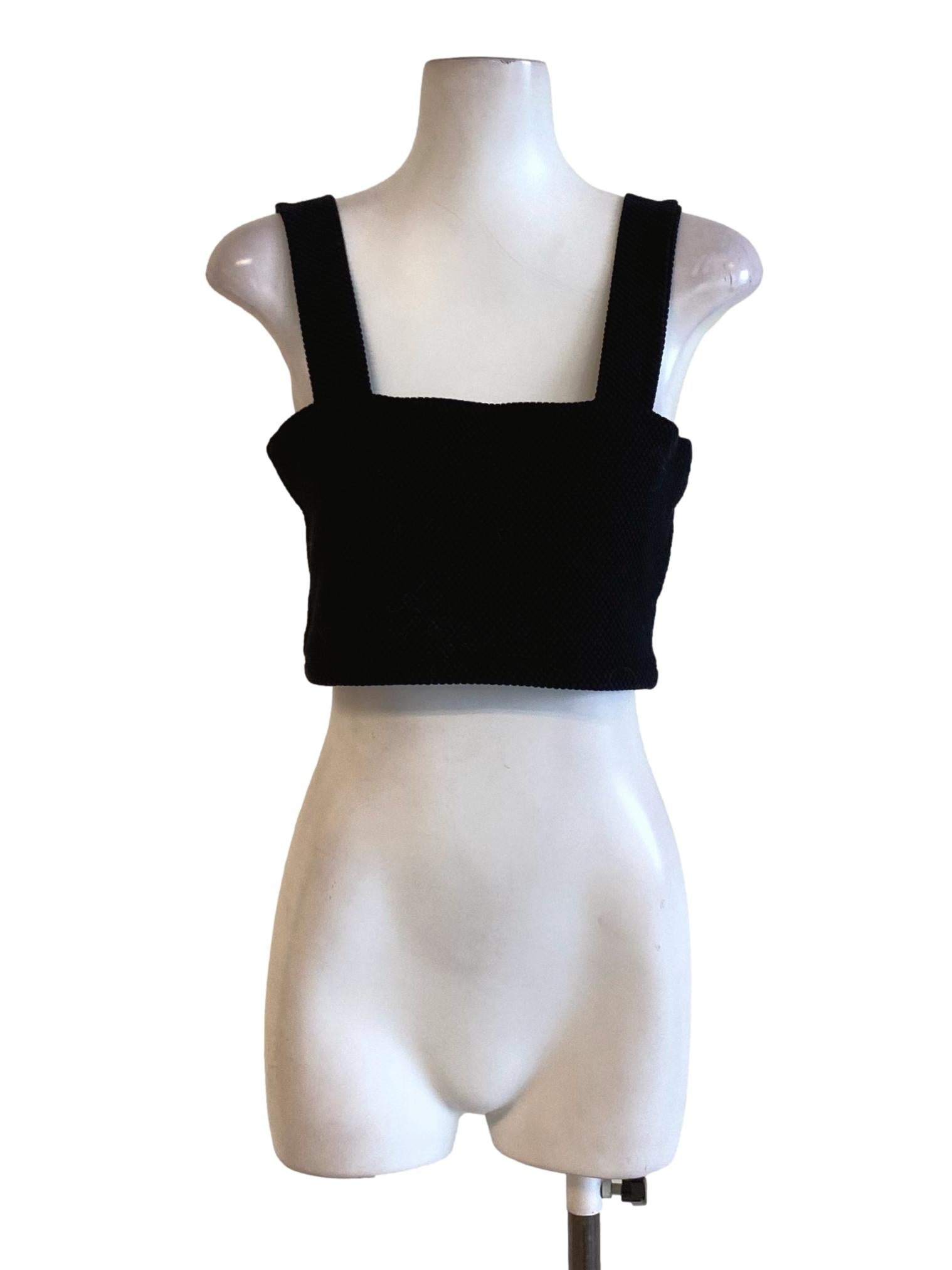 Rich Black Square Neck Knitted Cropped Top