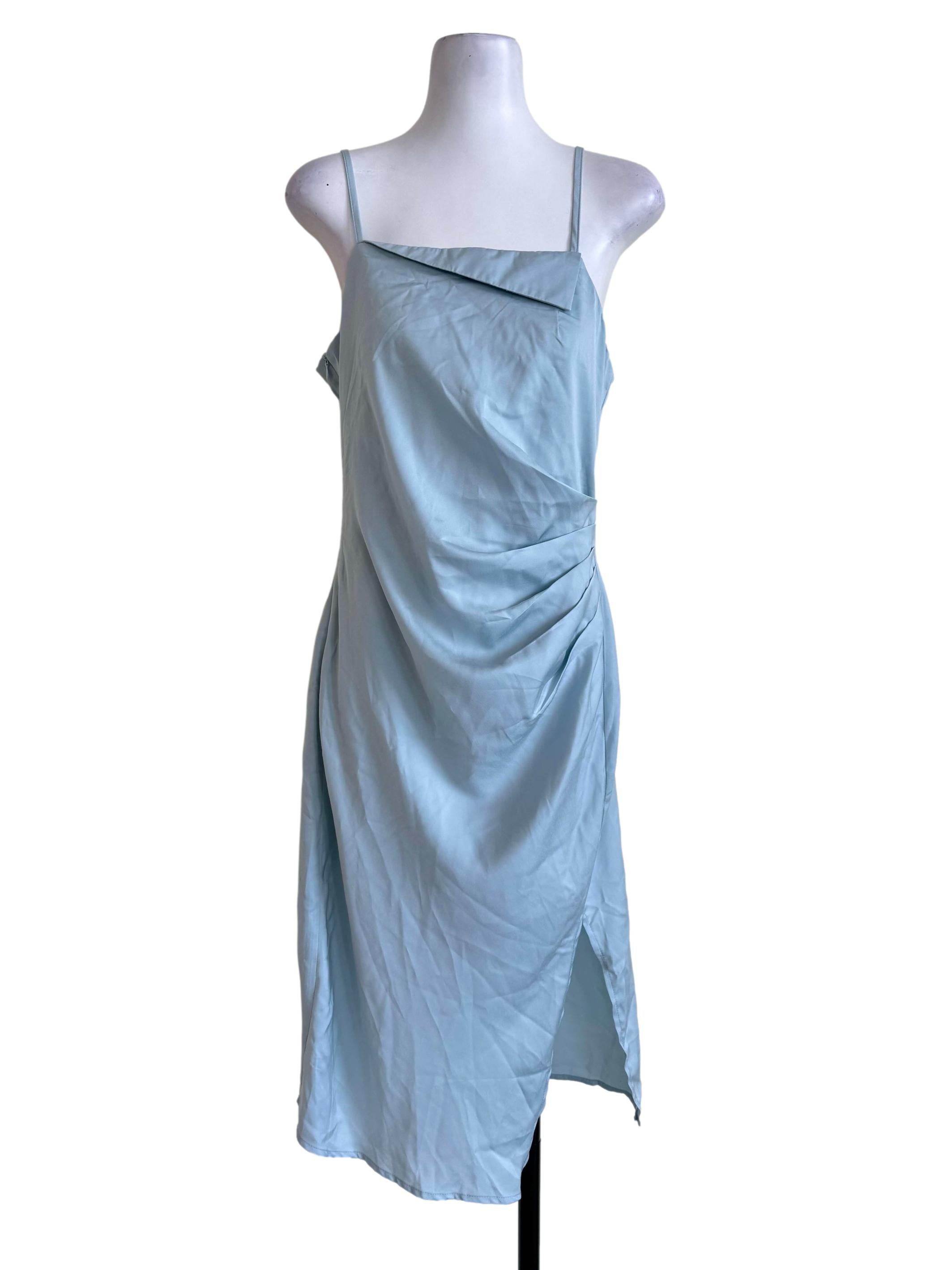 Powder Blue Asymmetrical Ruched Midi Dress