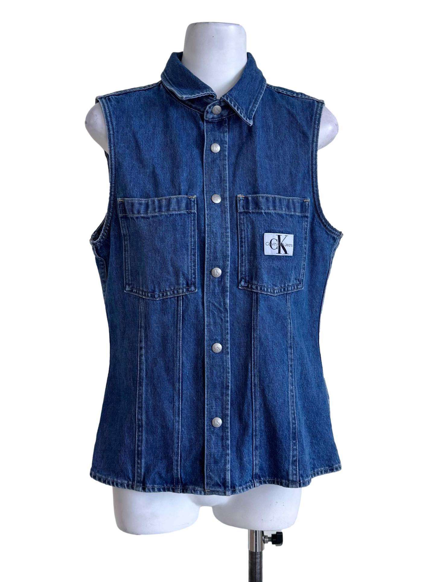 Blue Denim Sleeveless Button Vest