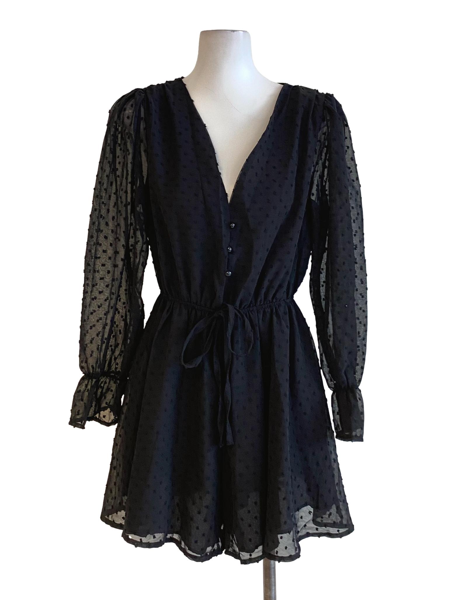 Ebony Black V-Neck Buttoned Down Mesh Flowy A-Line Dress