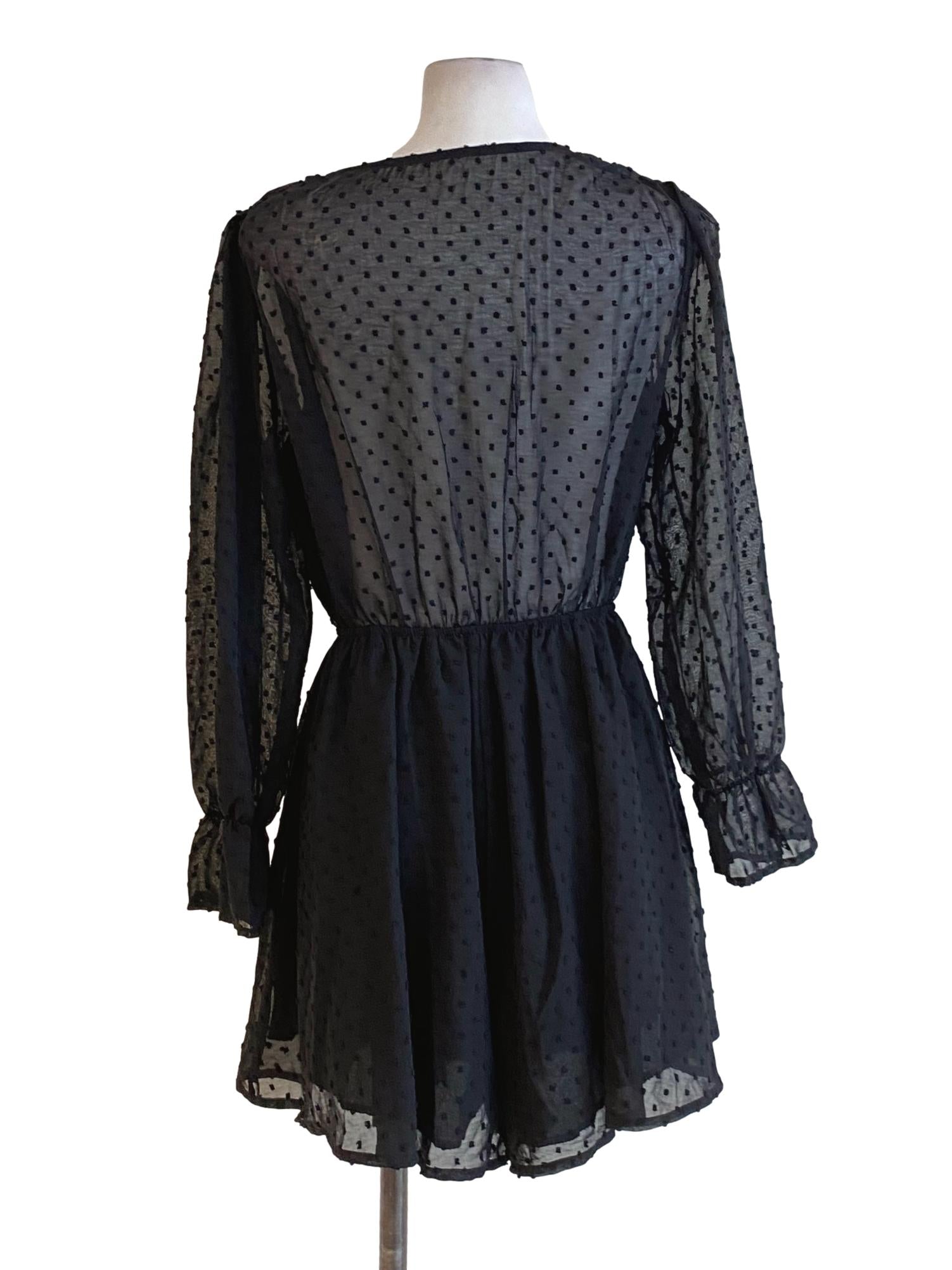 Ebony Black V-Neck Buttoned Down Mesh Flowy A-Line Dress