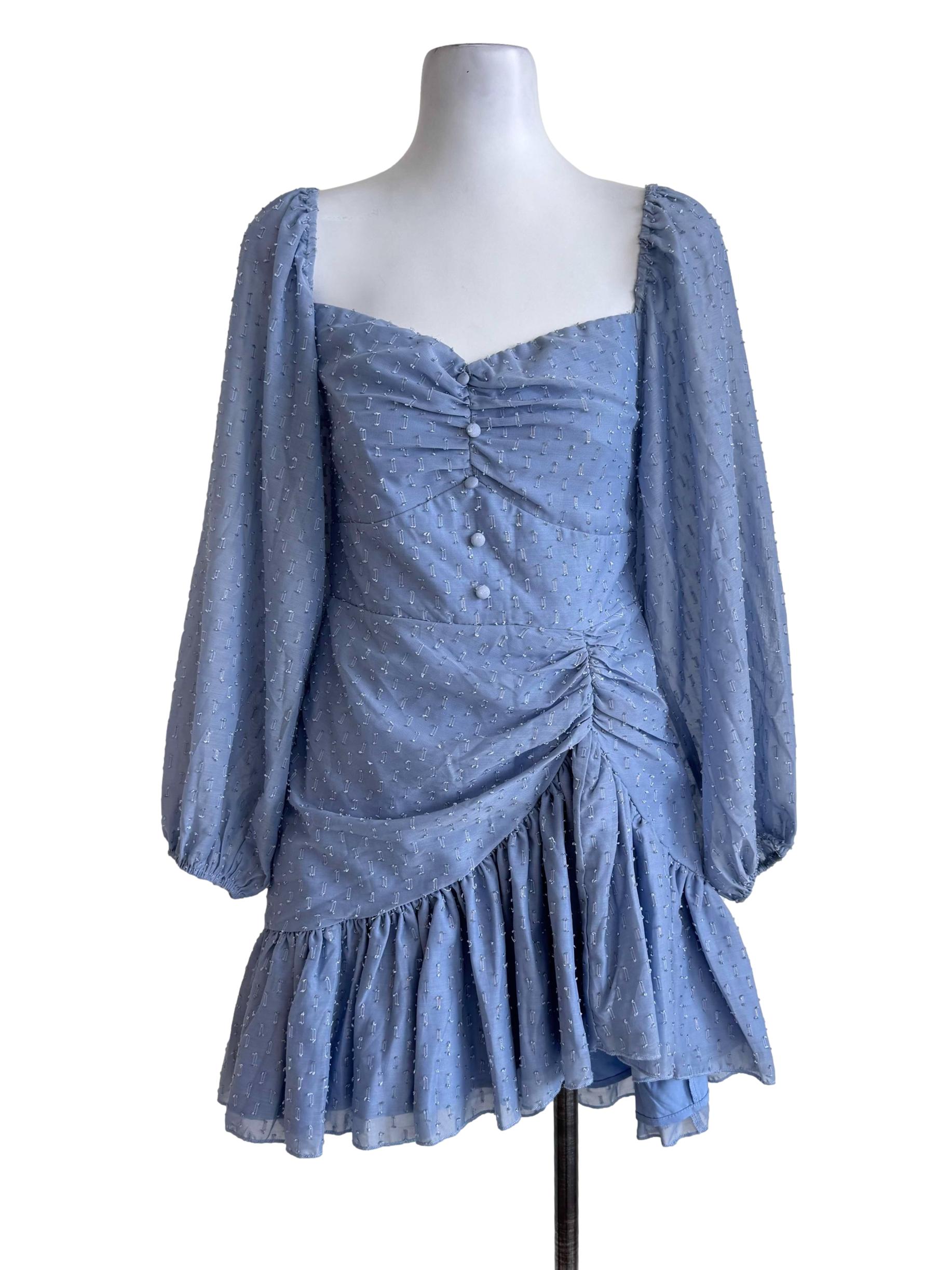 Dusty Blue Swiss Dot Ruched Mini Dress