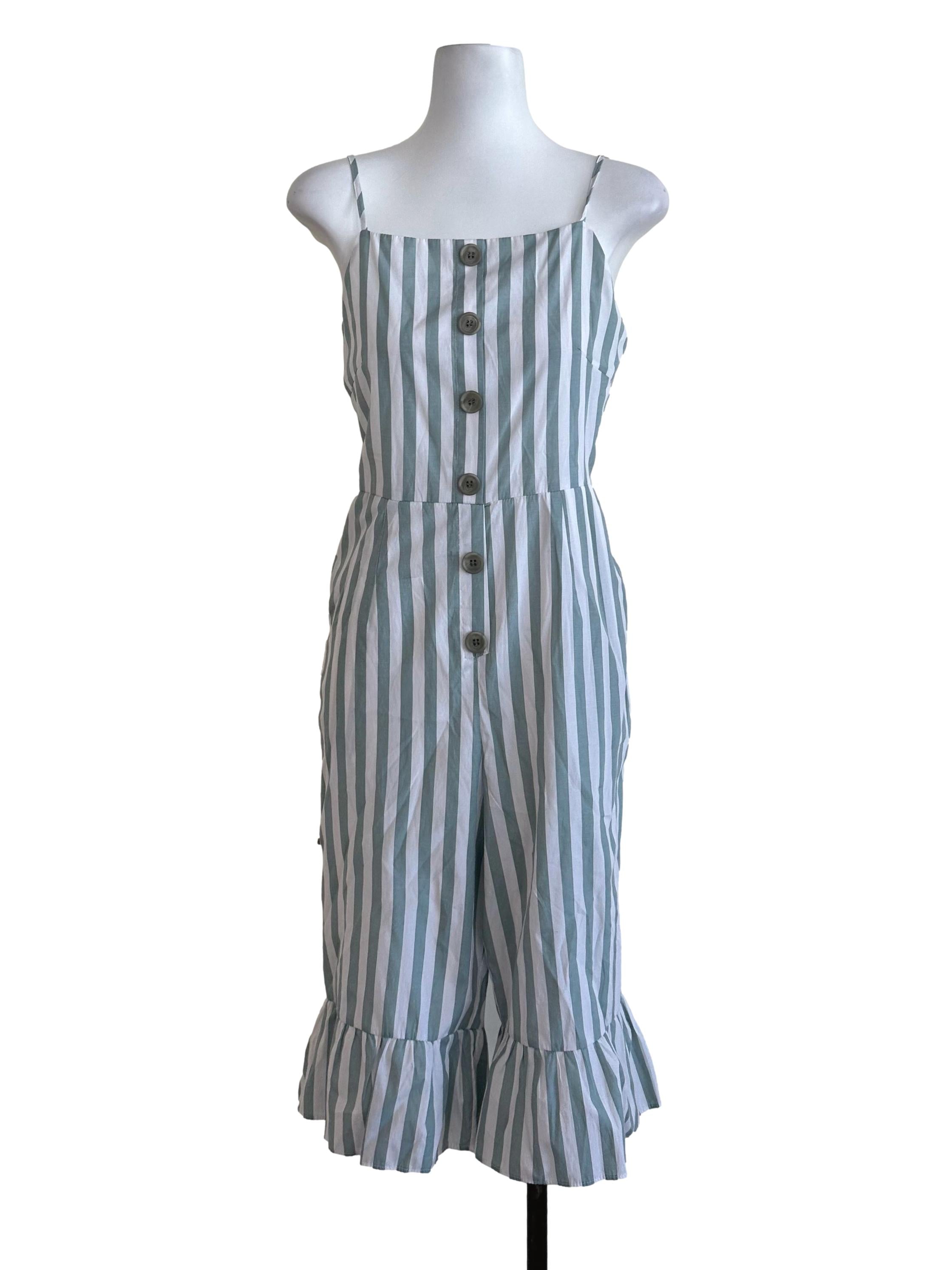 Sage Green Stripe Button Jumpsuit