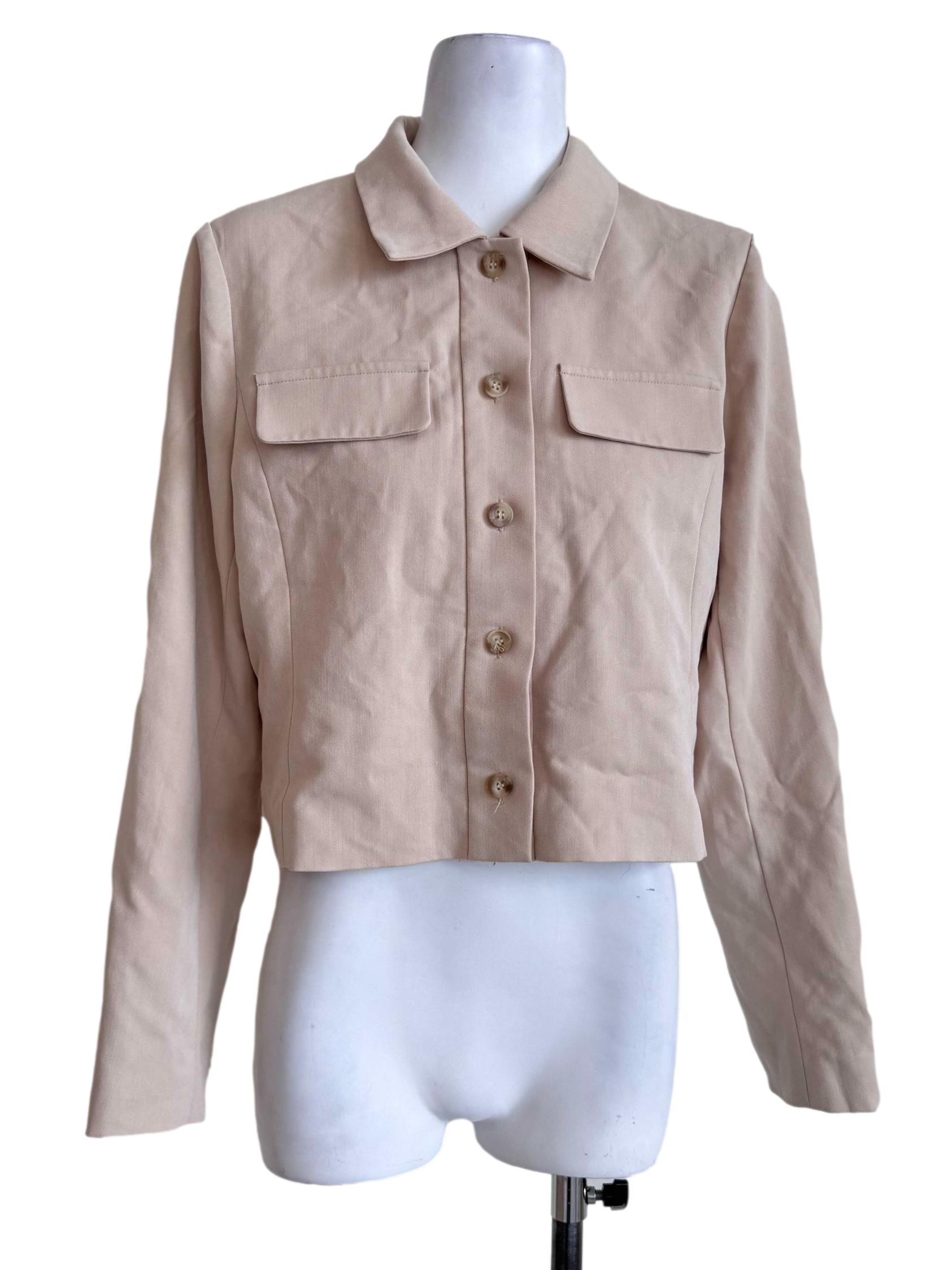 Beige Cropped Button Utility Jacket
