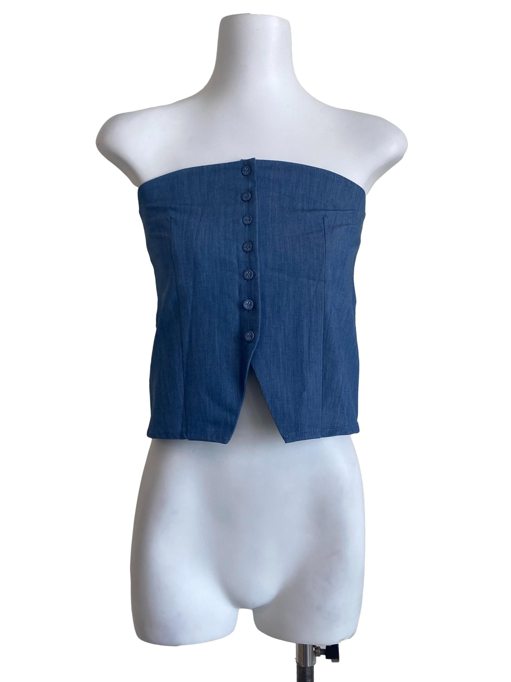 Blue Strapless Button Down Top