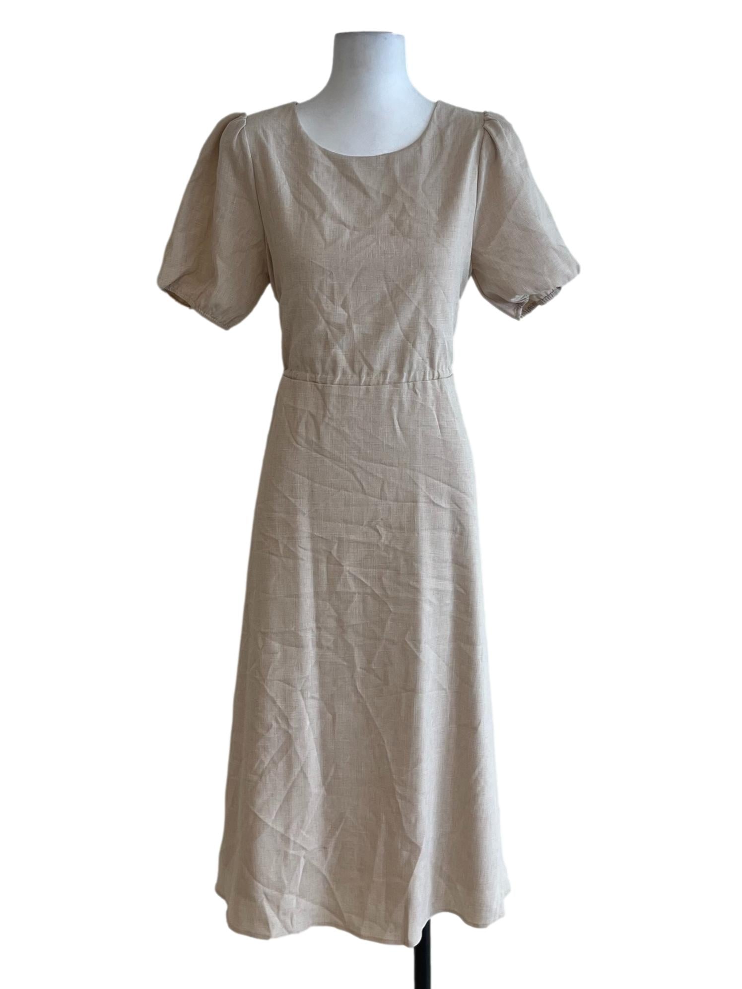 Bone Beige Jewel Neckline Empire Dress