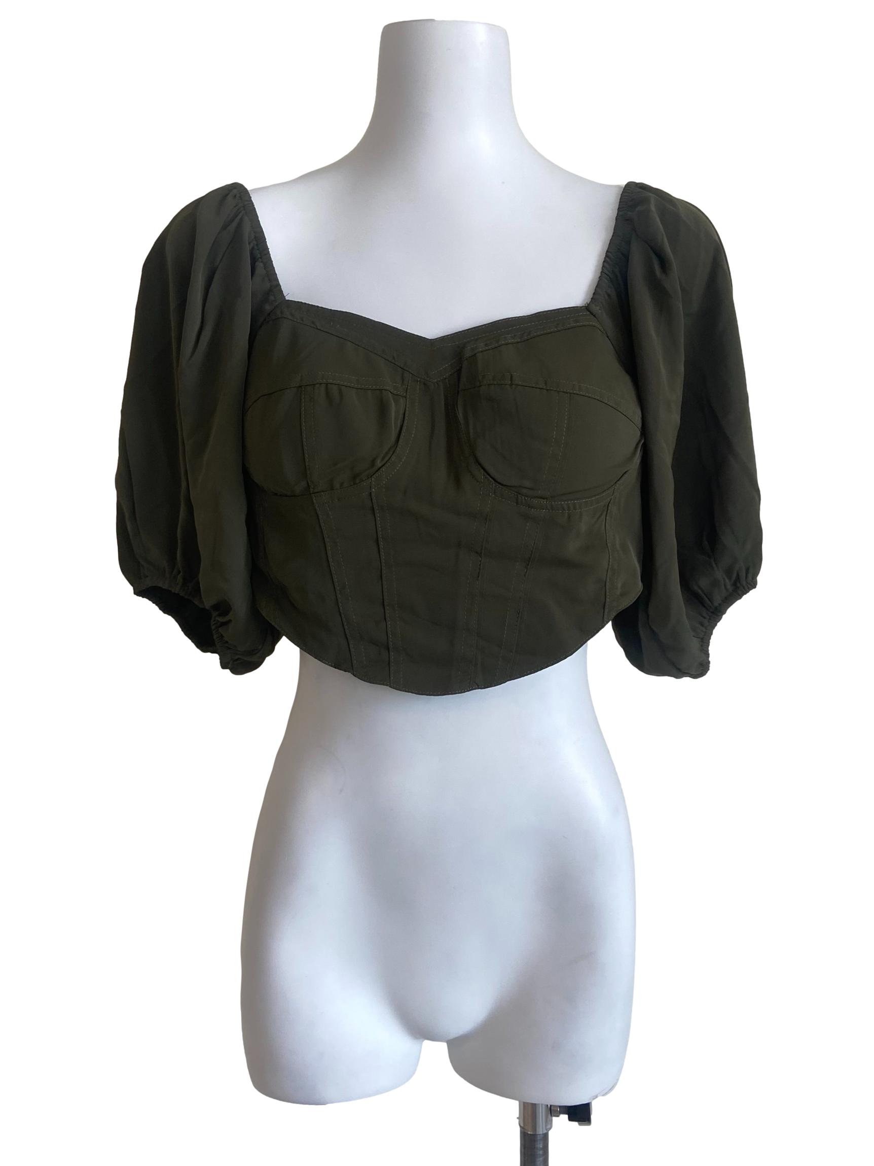 Crocodile Green Curved Panelled Crop Top