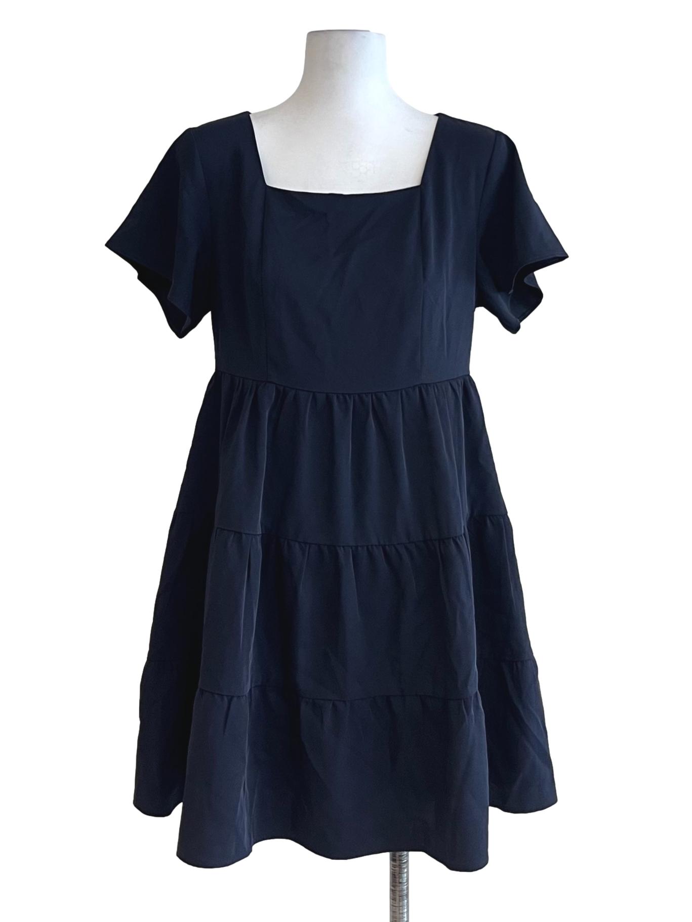 Navy Blue Square Neckline Empire Dress