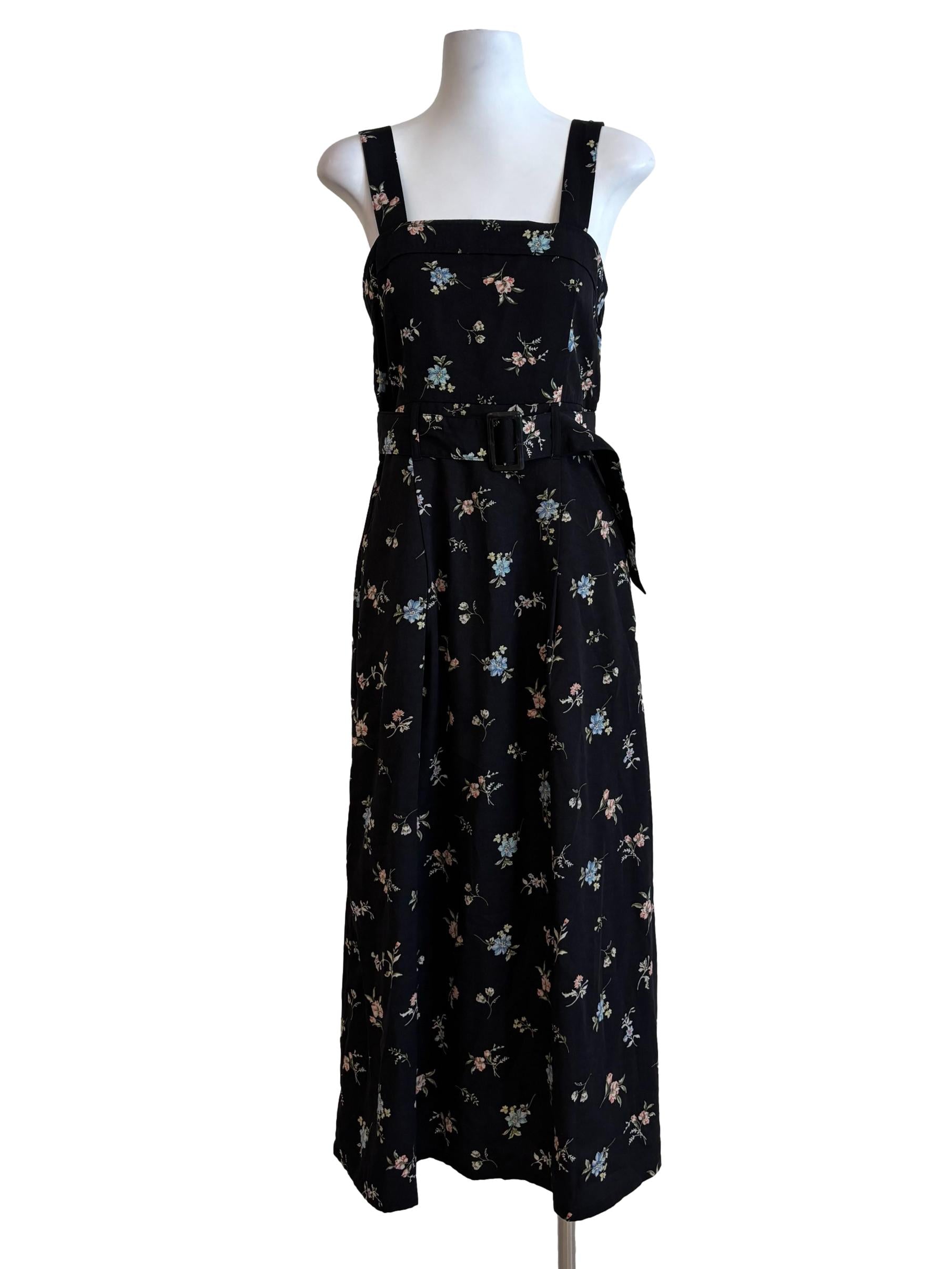 Jet Black Apron Neck Floral Dress