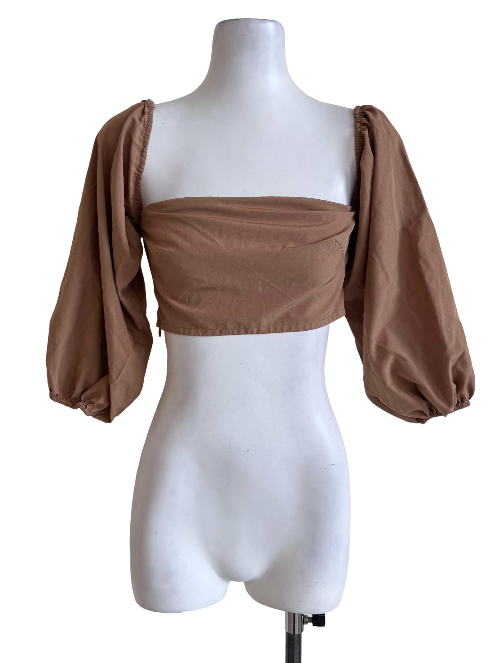 Taupe Brown Puff-Sleeve Crop Top