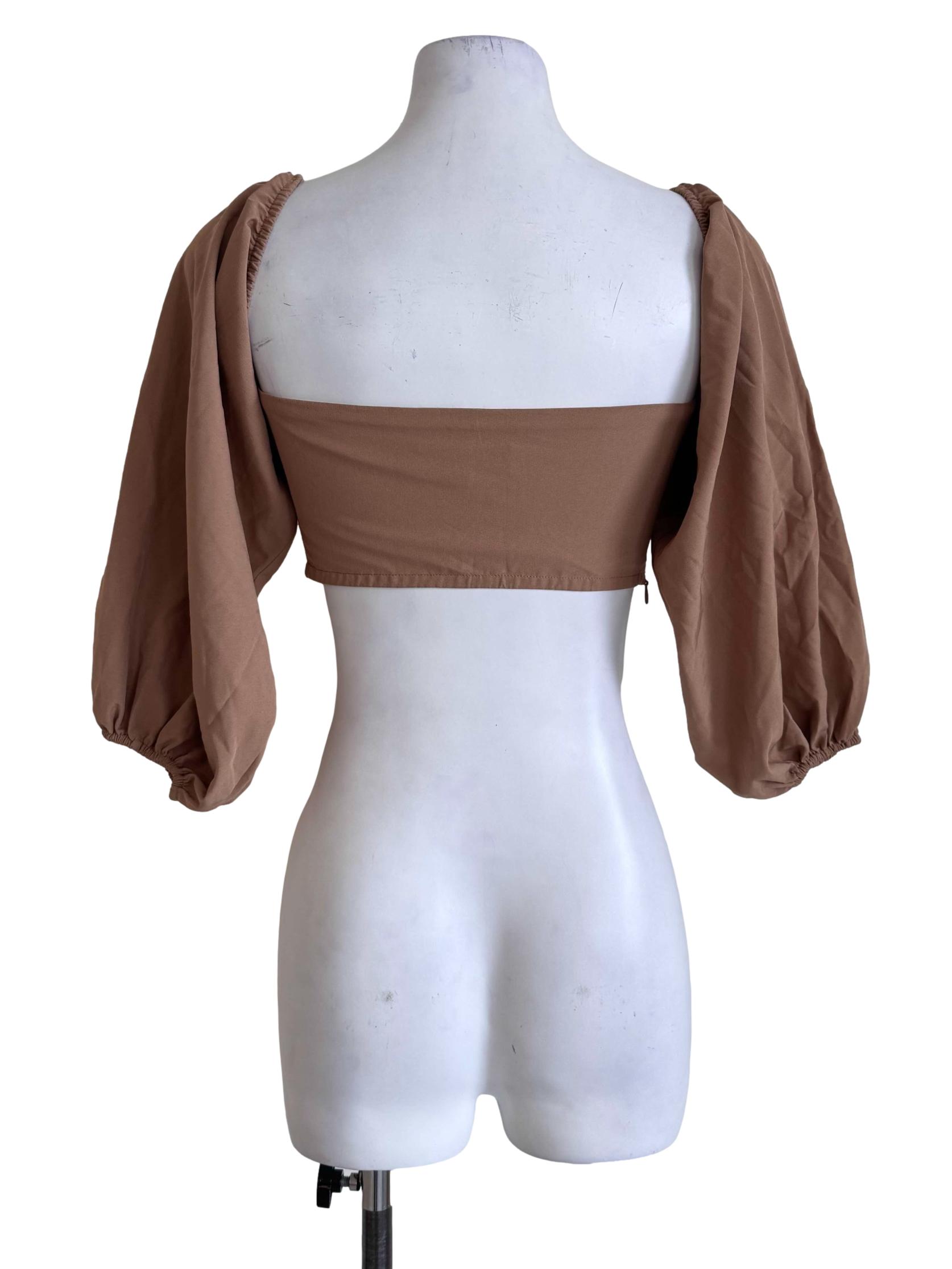 Taupe Brown Puff-Sleeve Crop Top