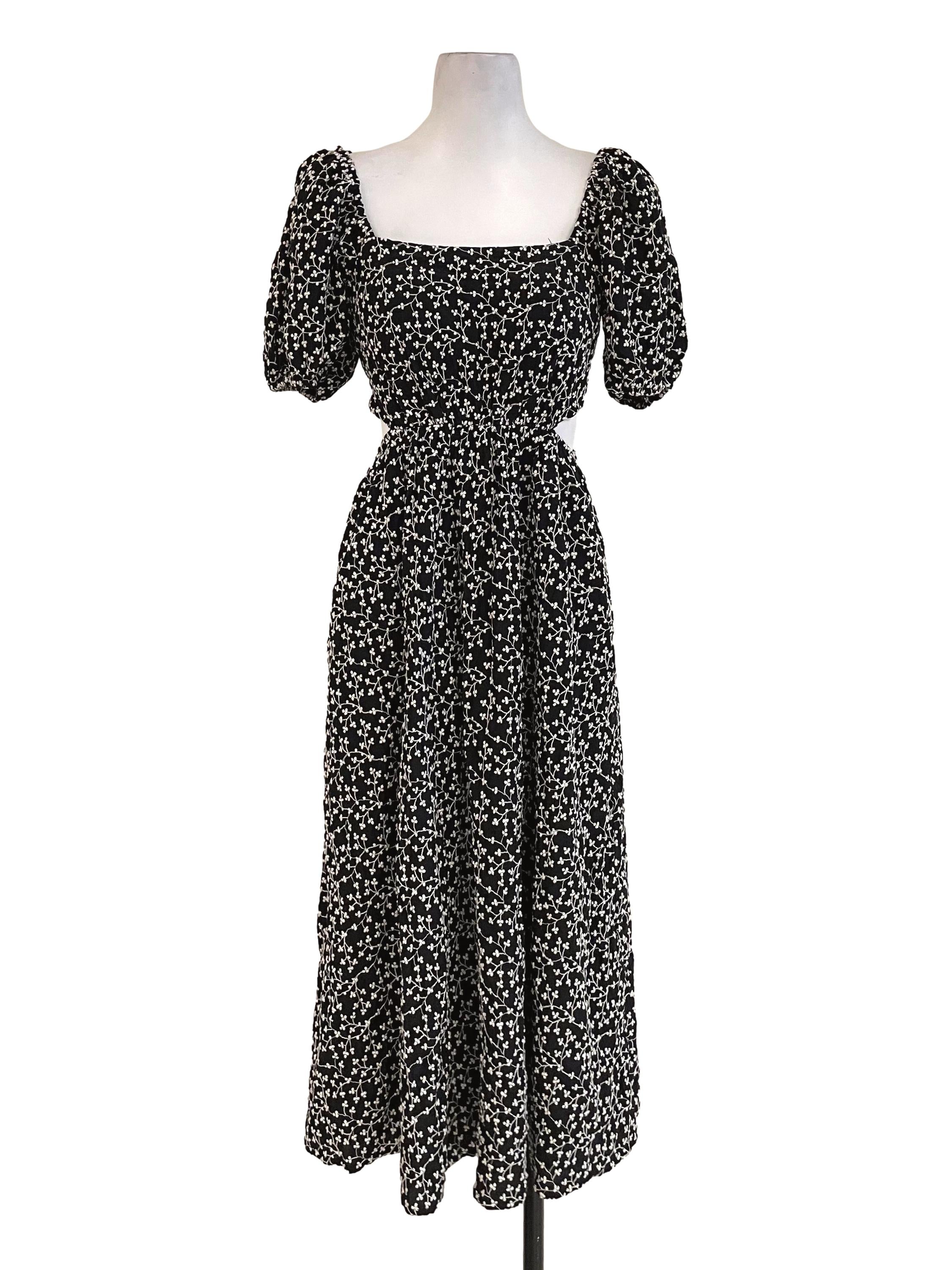 Black Floral Puff Sleeves Dress LB