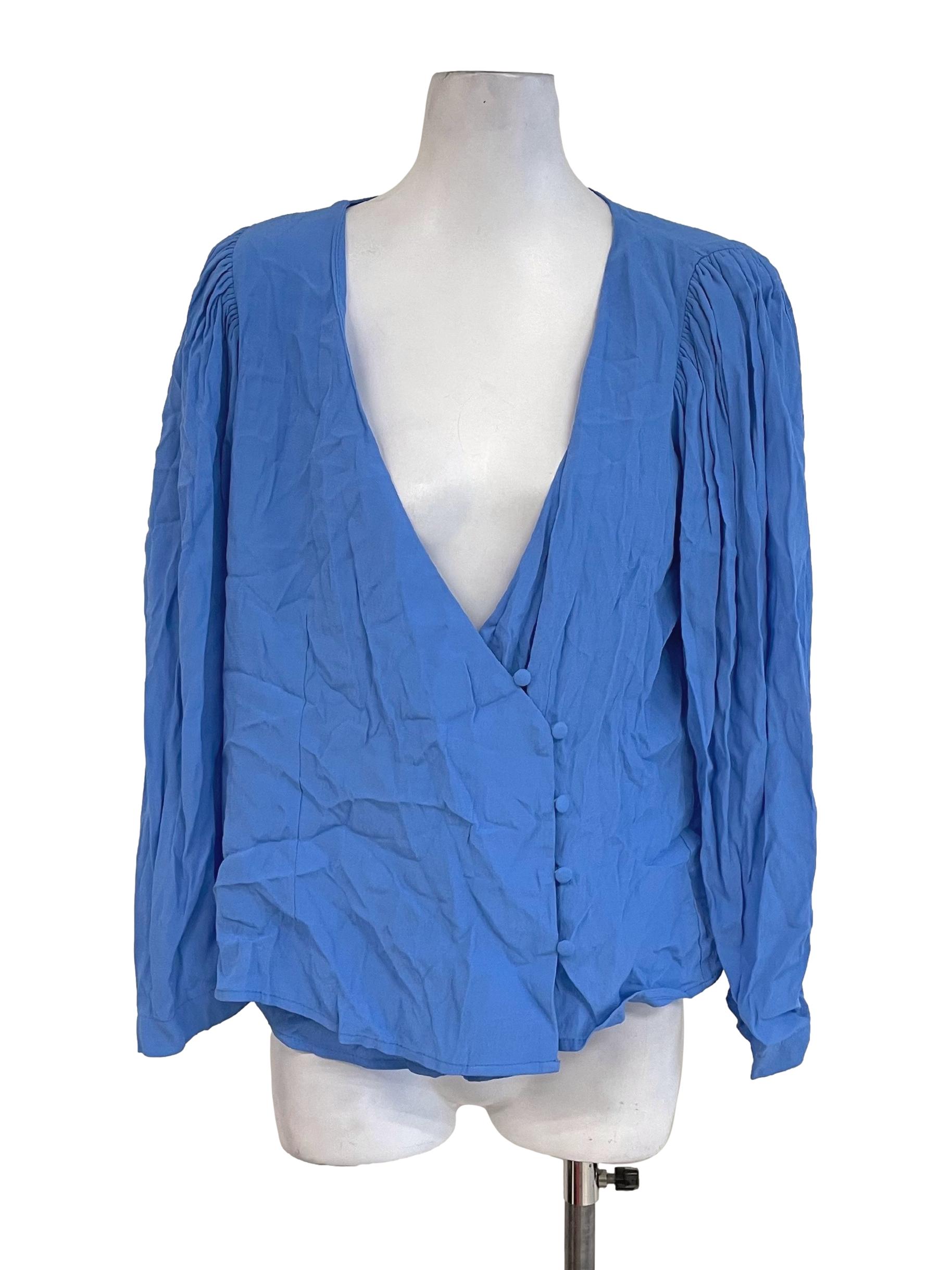 Blue Puff Sleeves Button Top