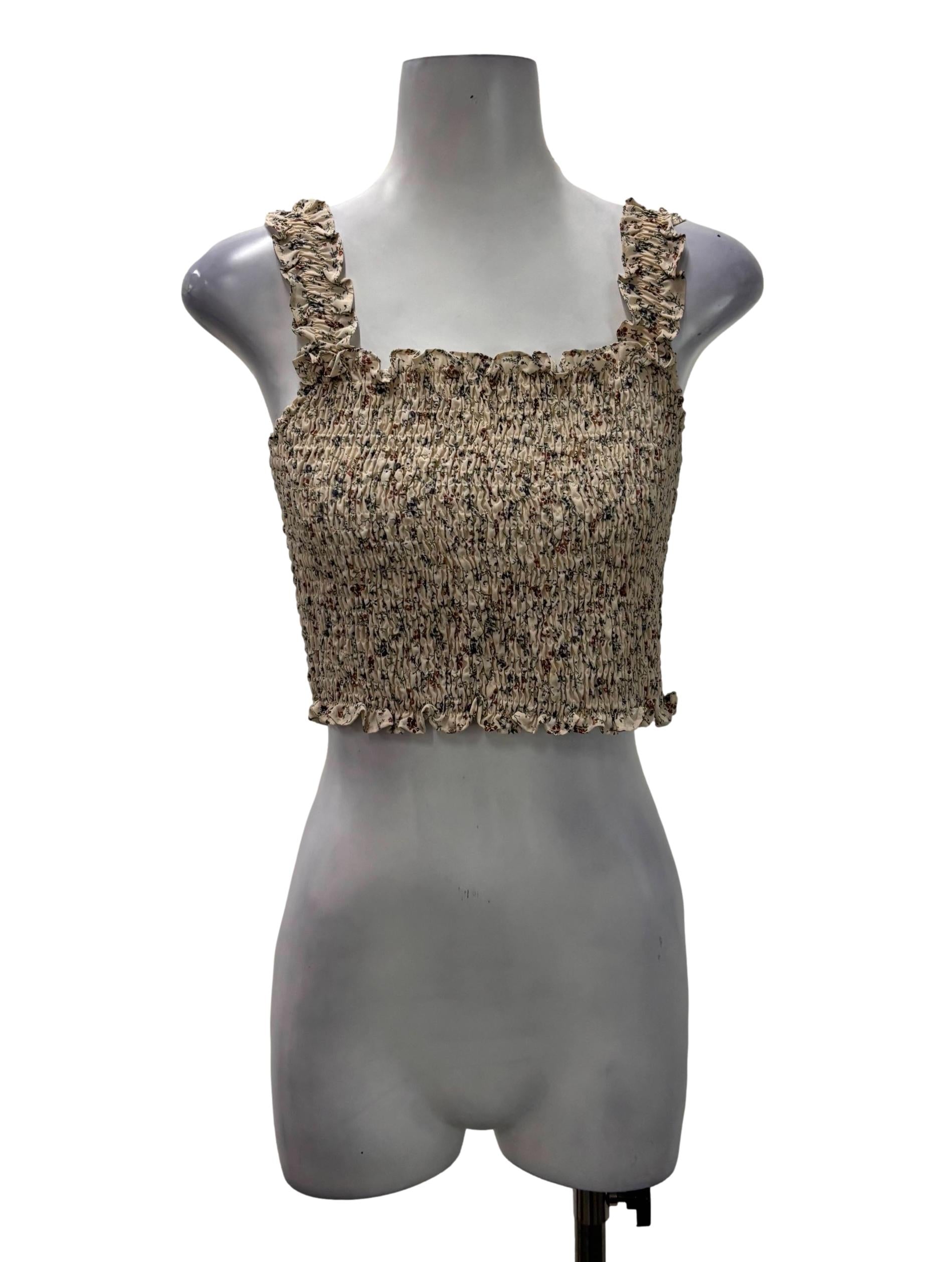 Beige Floral Ruched Crop Tank
