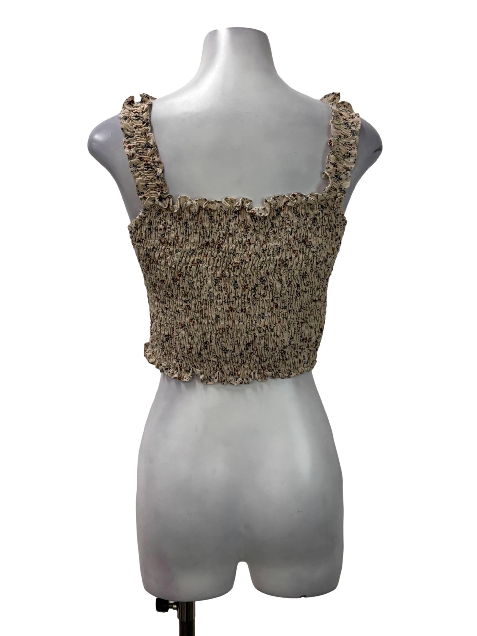 Beige Floral Ruched Crop Tank