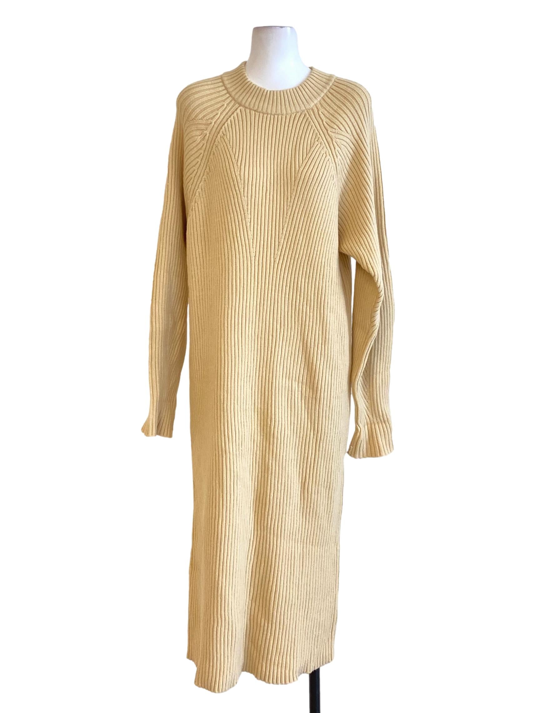Butter Yellow Round Neck Knitted Long Sleeve Shirt Dress