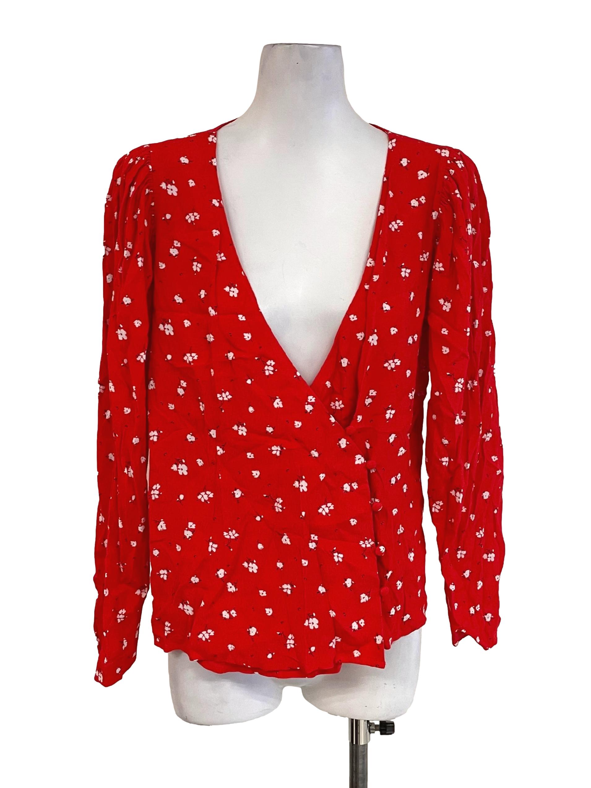 Rose Puff Sleeves Floral Button Top