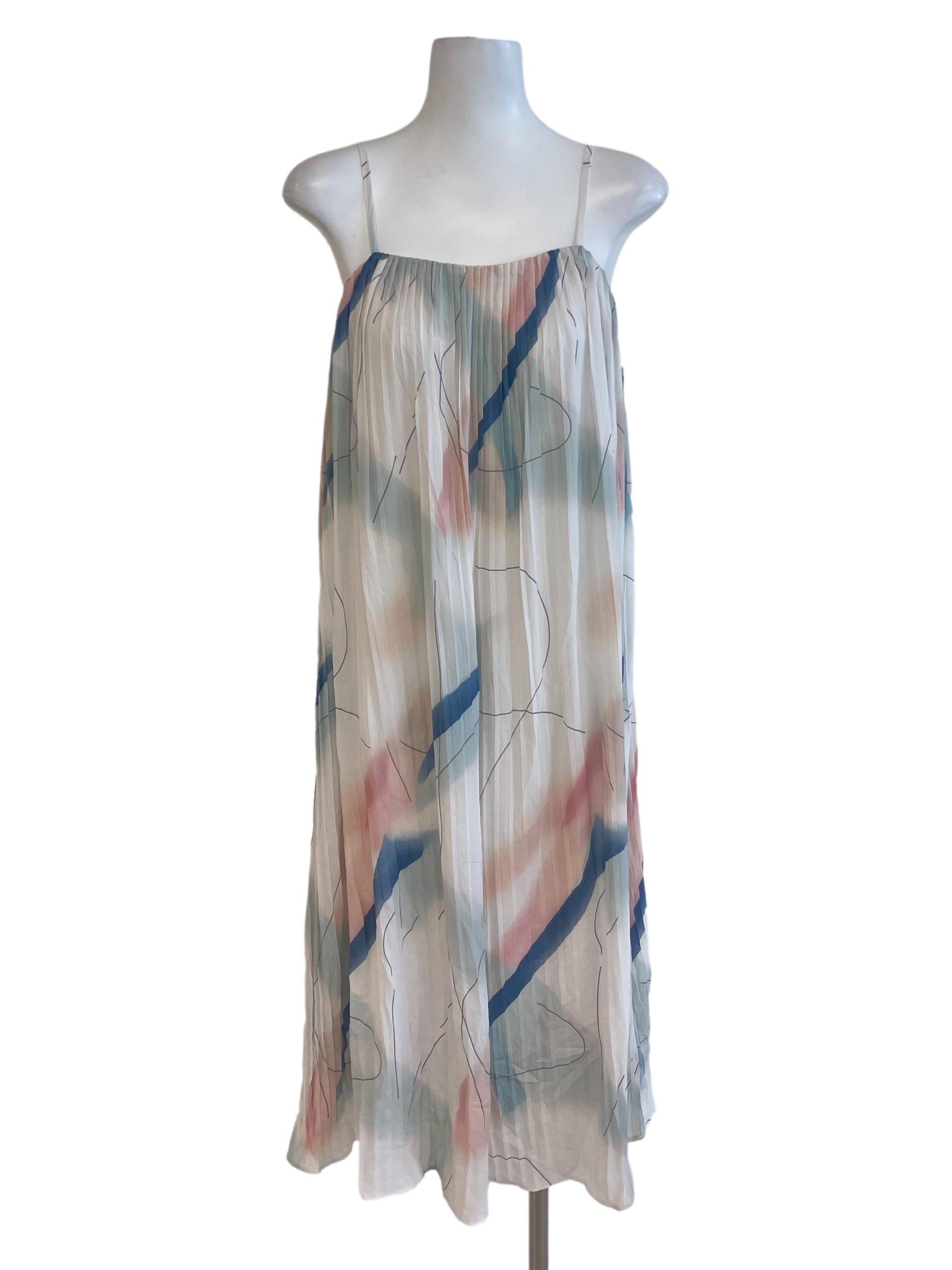 Abstract Block Color Spaghetti Strap Pleated Dress