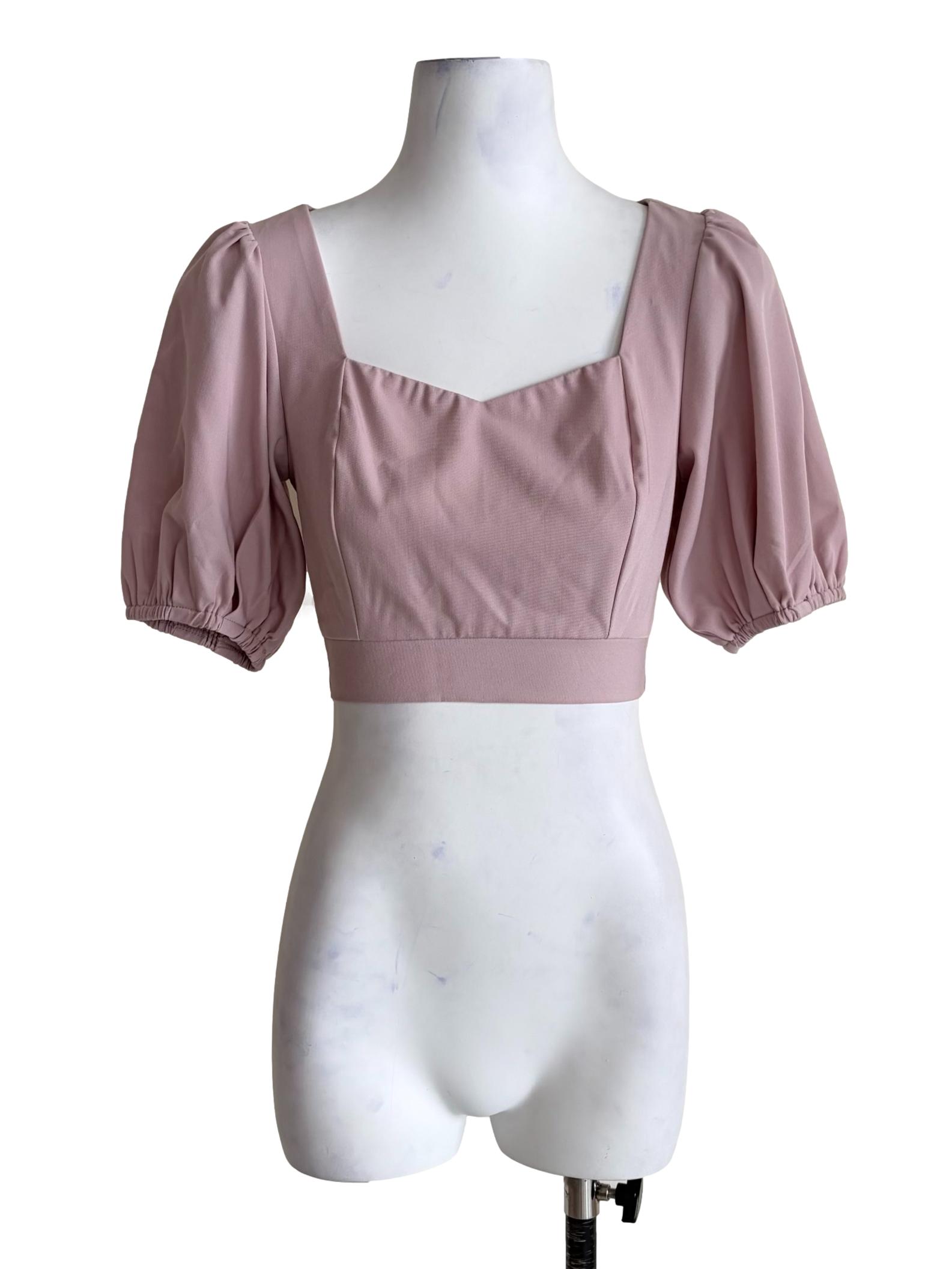 Crepe Pink Puff Sleeve Crop Top