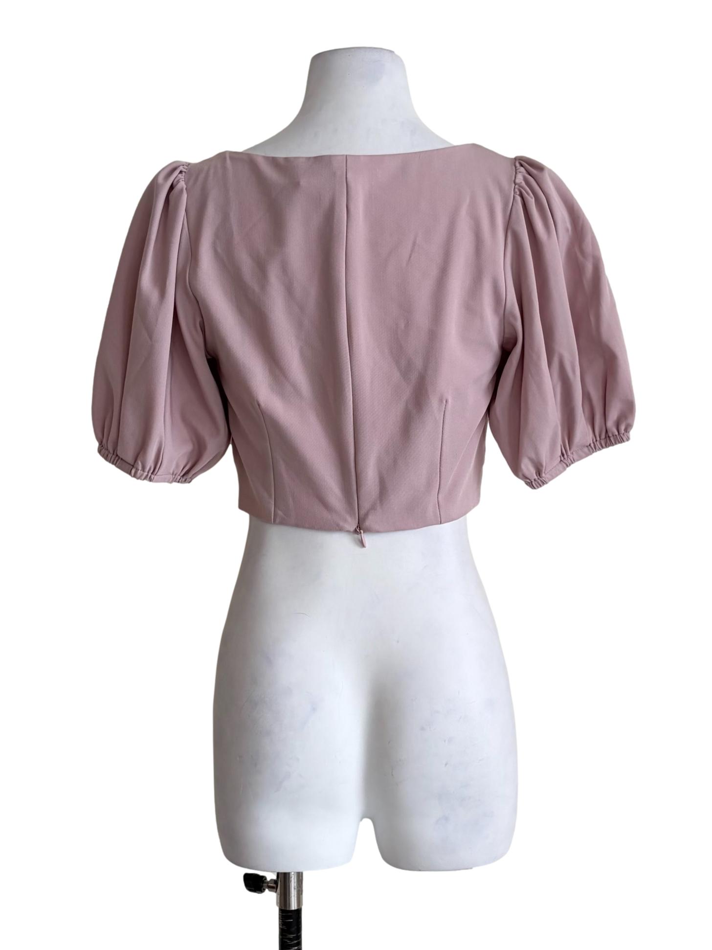 Crepe Pink Puff Sleeve Crop Top