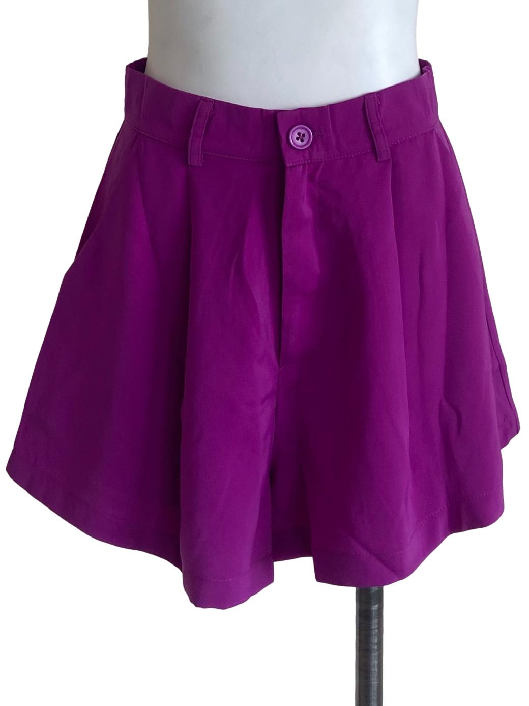 Purple Twill Pleated Shorts
