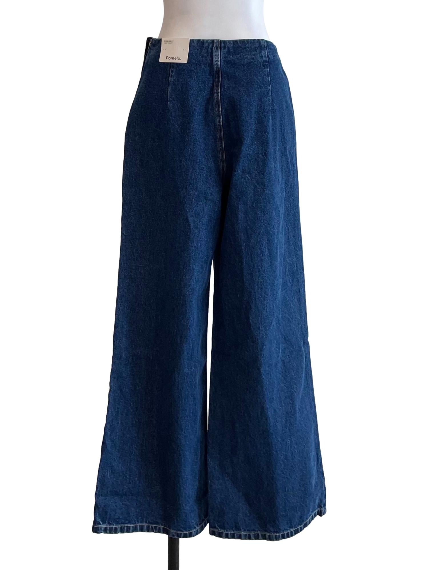 Dark Blue Button Wide Leg Jeans