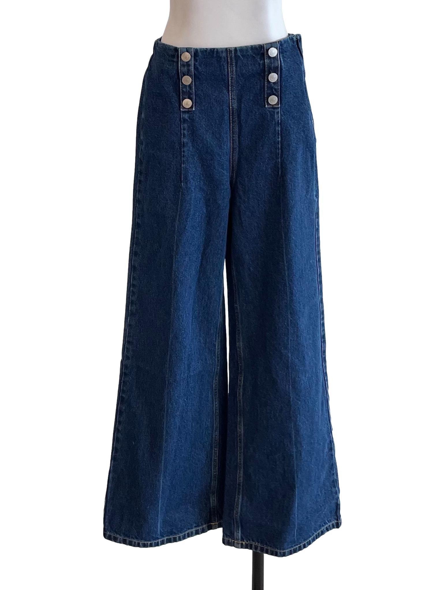 Dark Blue Button Wide Leg Jeans