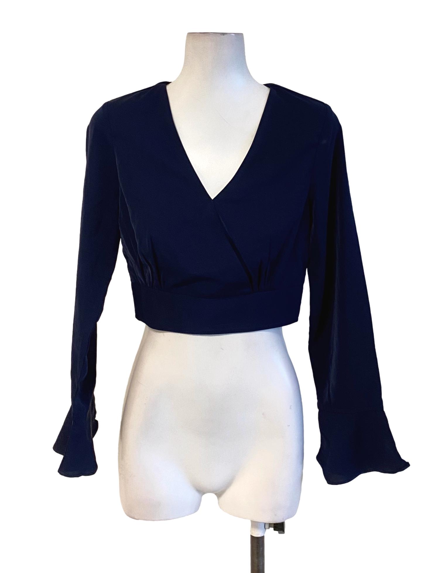 Navy Blue V-Neck Trumpet Sleeve Cropped Top TTR