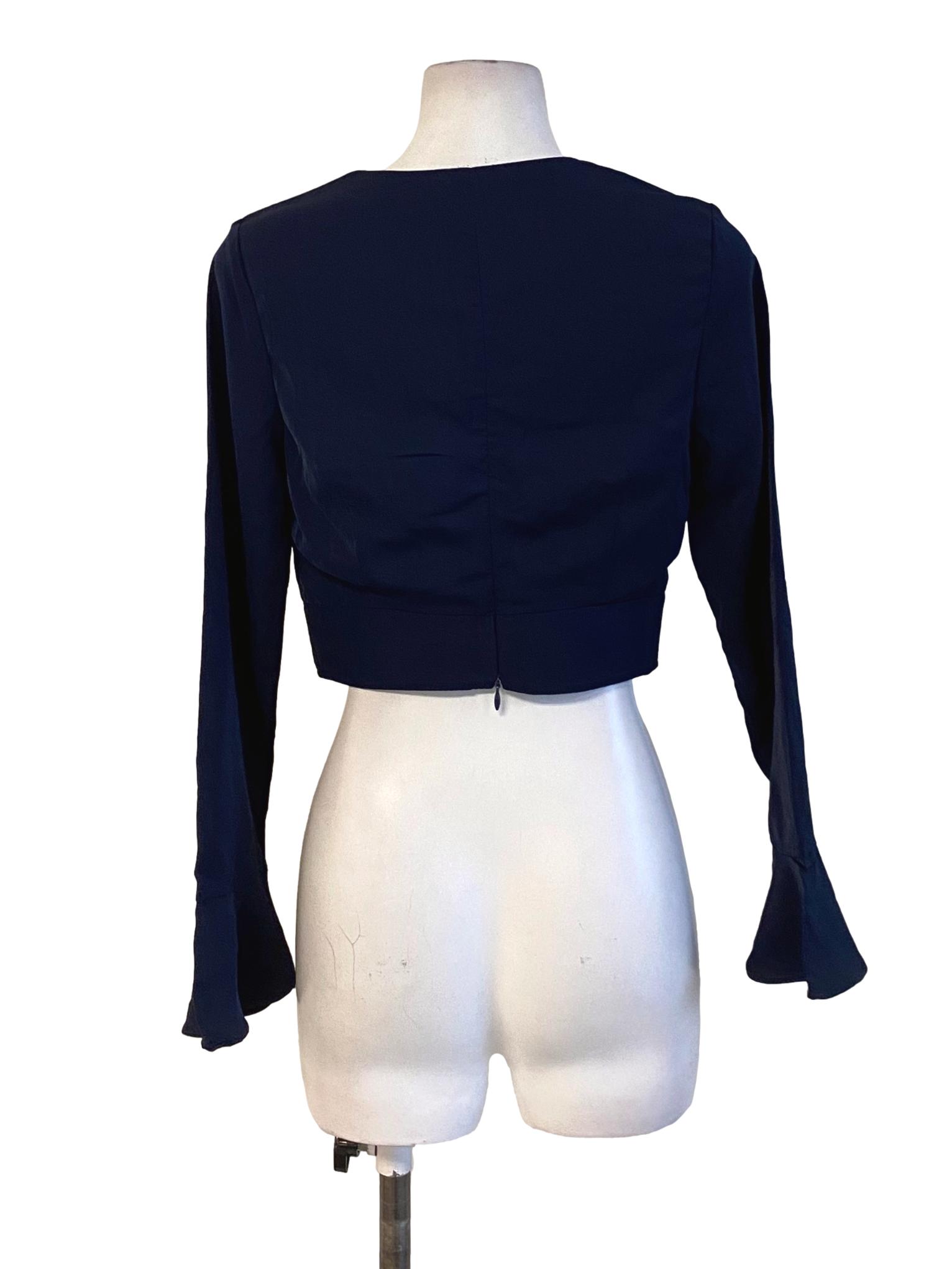 Navy Blue V-Neck Trumpet Sleeve Cropped Top TTR