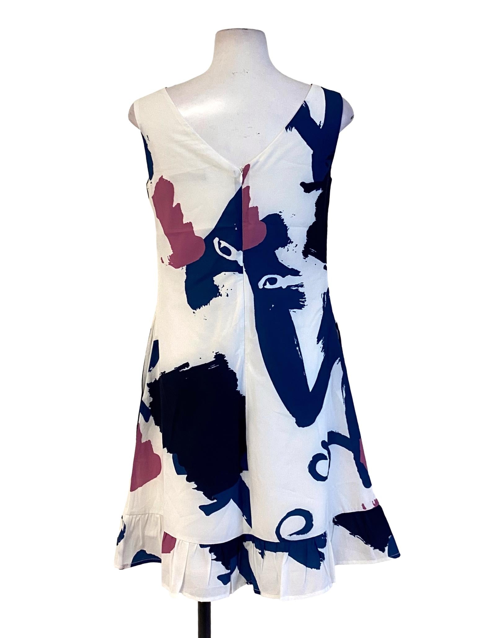 Navy Blue Brushstrokes Abstract V-Neck Drop Waist Dress