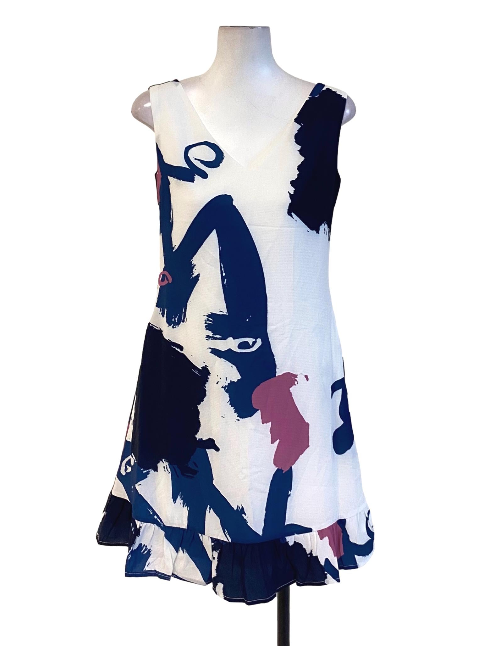 Navy Blue Brushstrokes Abstract V-Neck Drop Waist Dress
