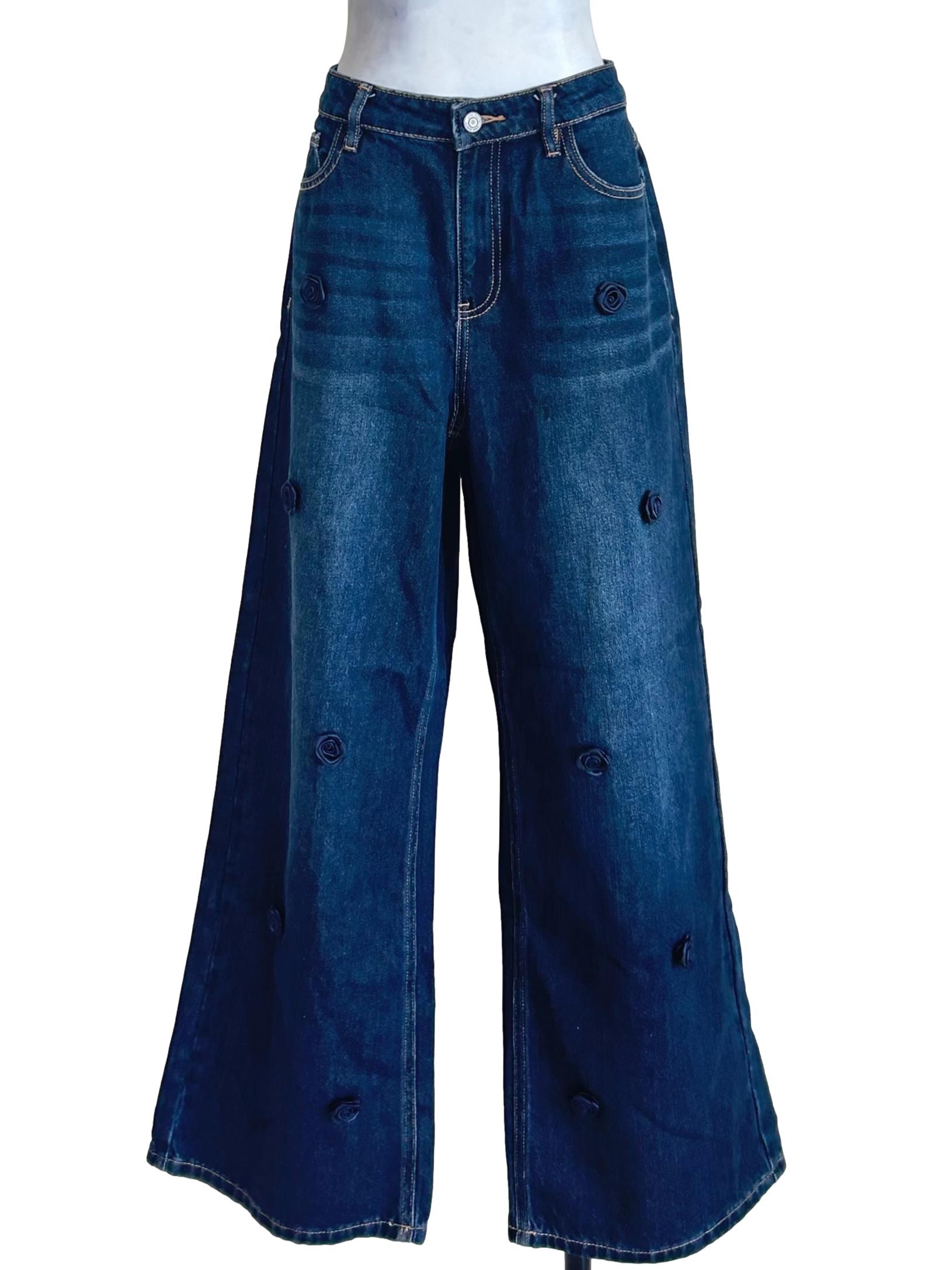 Dark Blue Rosette Accent Jeans