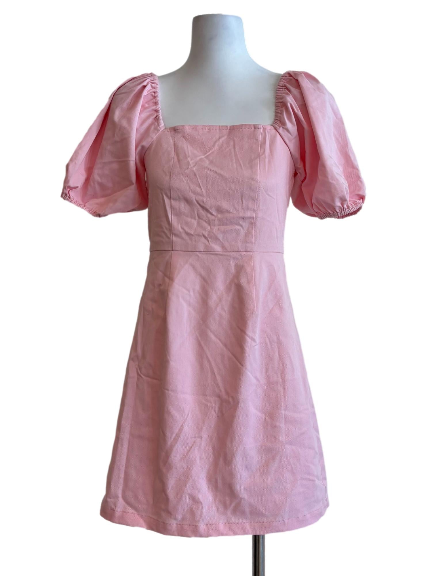 Pastel Pink Puff Sleeve A-Line Dress