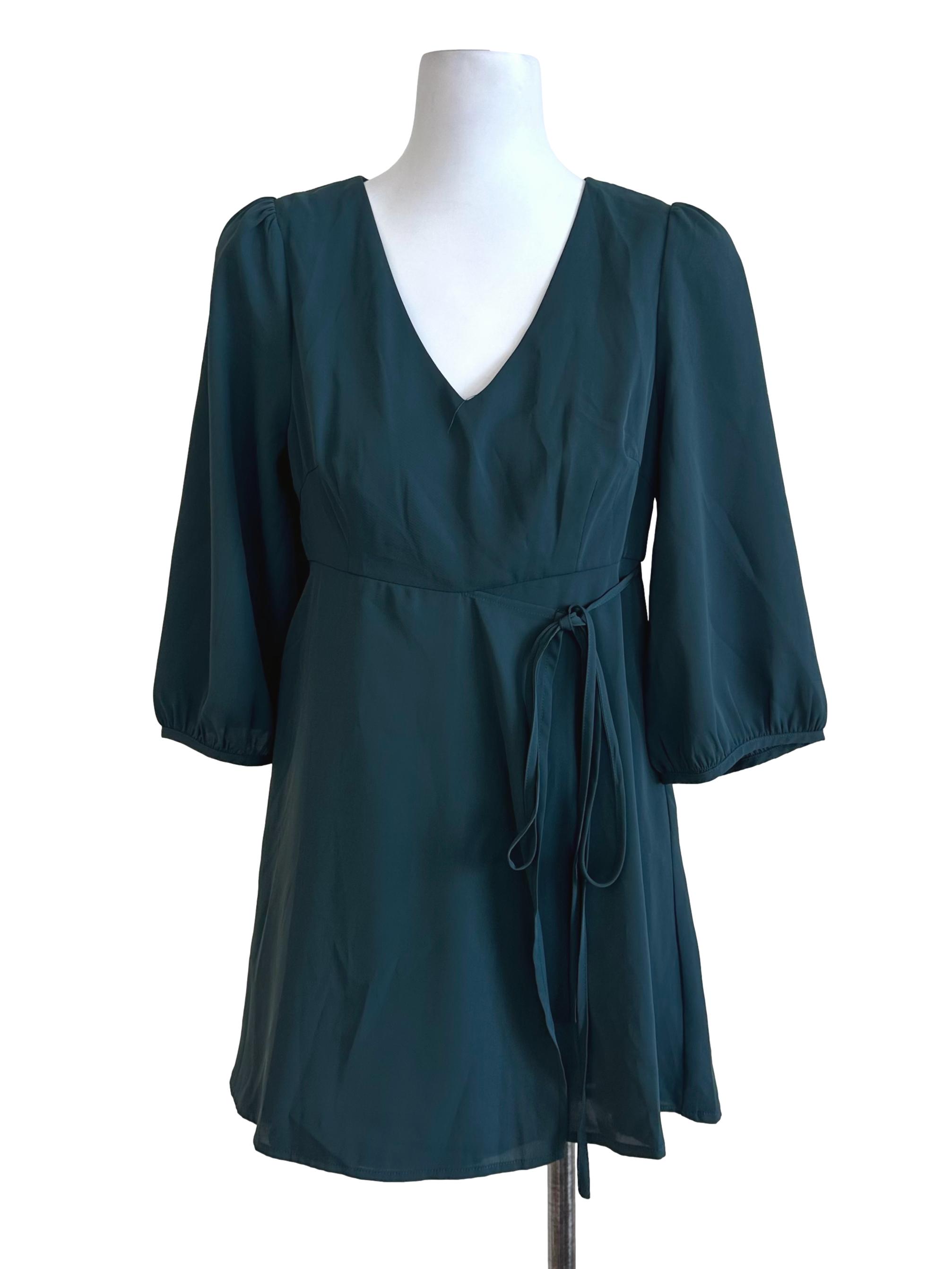 Dark Teal Green Plain V Neck Dress