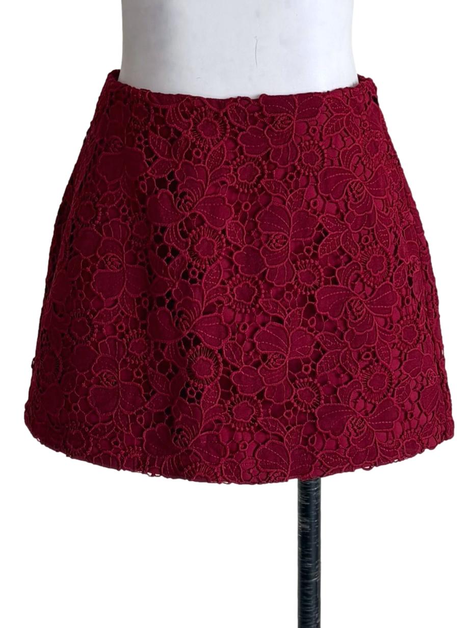 Ruby Red Flower Embroidery Mini Skirt