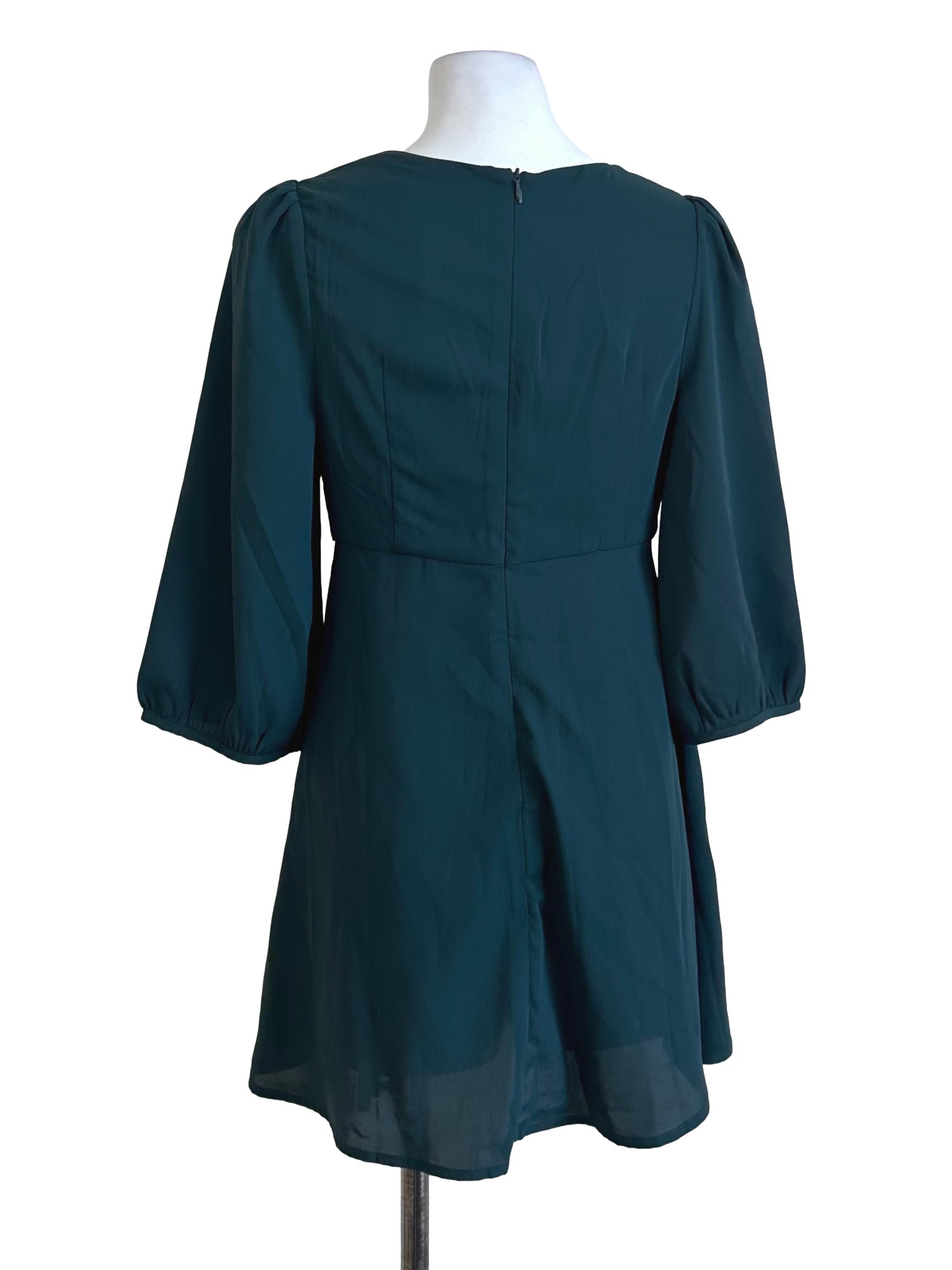 Dark Teal Green Plain V Neck Dress