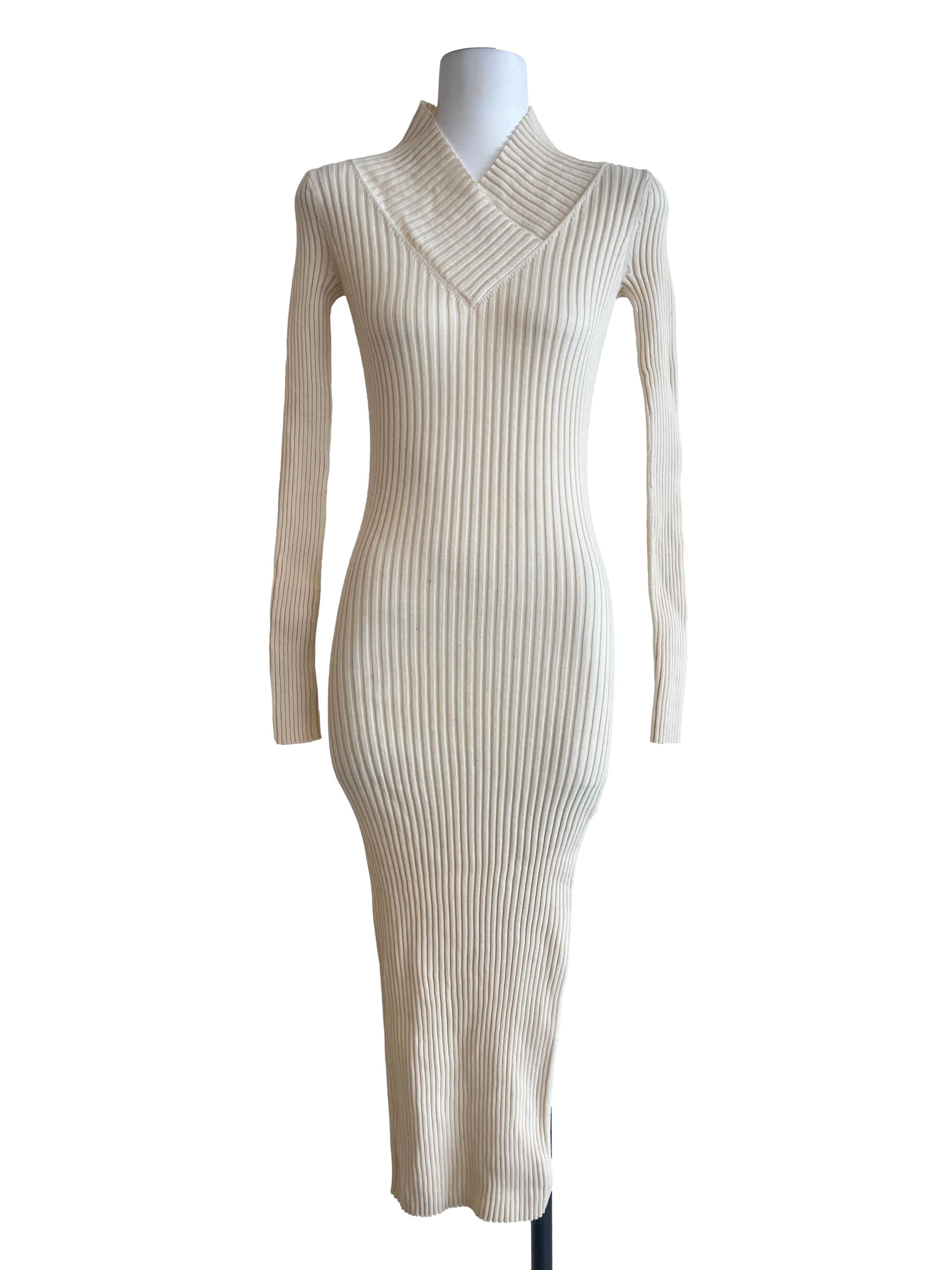 Cream White V-Neck Bodycon Dress
