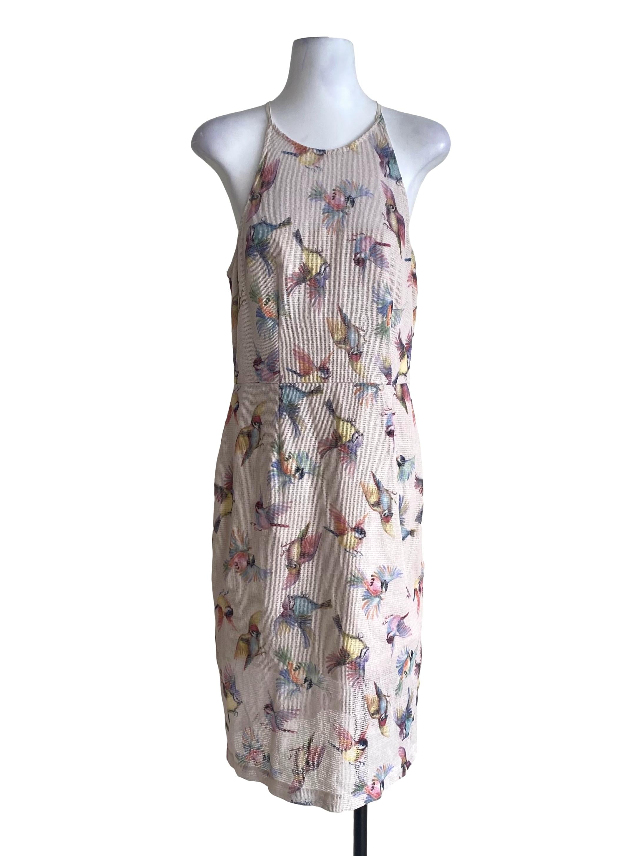 Pearl White Multicolor Birds Pattern Knit Dress