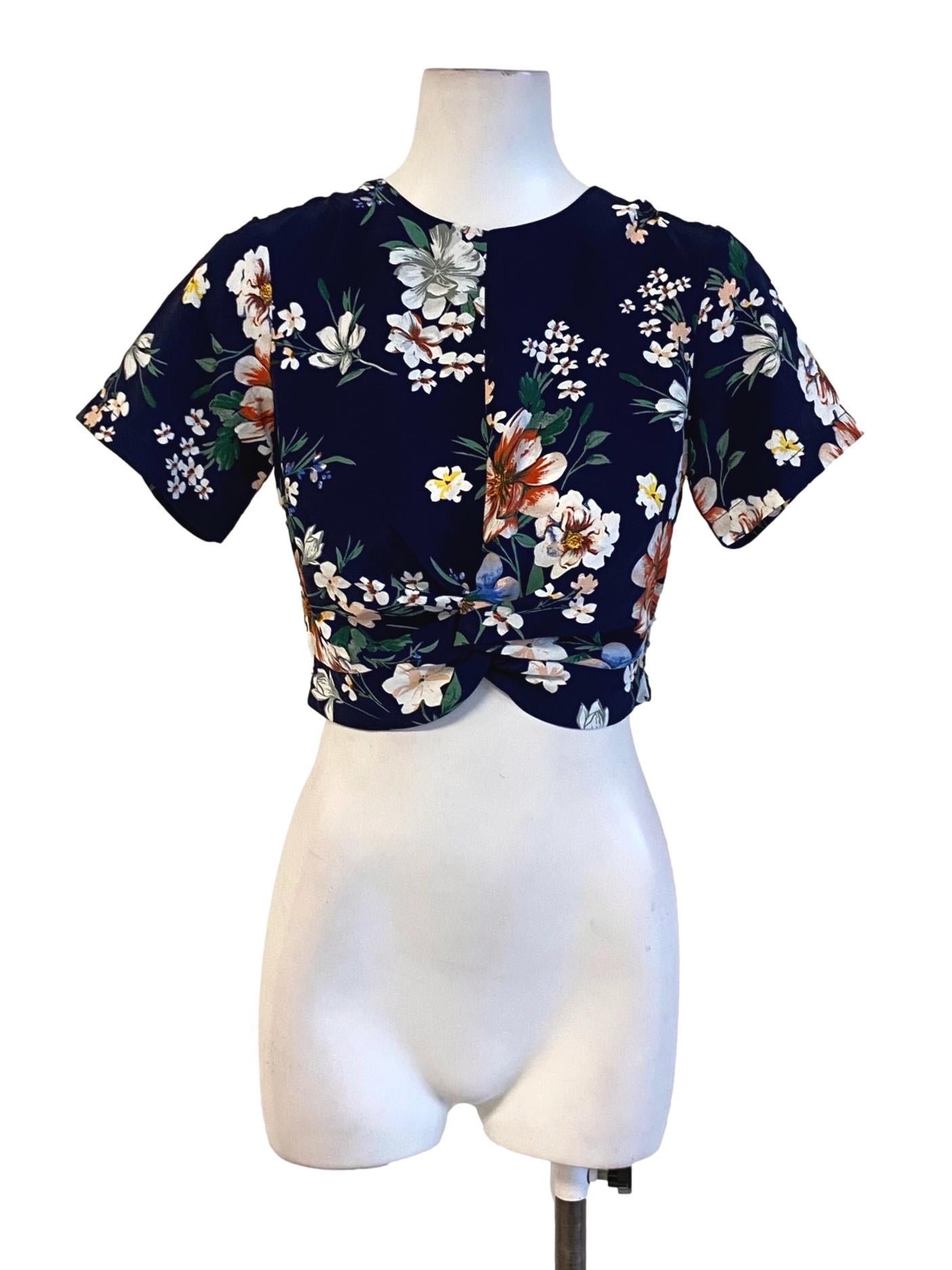 Midnight Blue Floral Summer Cloud Hem Cropped Top TCL