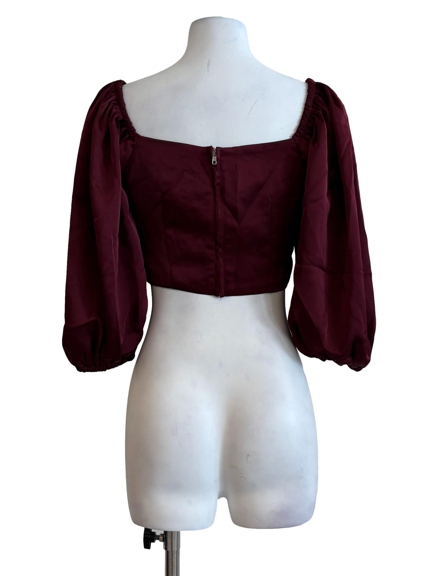 Mahogany Pleated Surplice Long Sleeve Crop Top